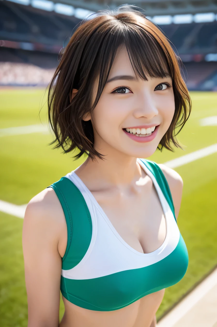 The beauty of 8K raw photos:2.0, short hair, 25 years old, great face and dark eyes, stare at the camera, smile full of joy:1.6, show teeth, put hands behind head, dynamic pose, （green sportswear:1.2)、wear sneakers:1.4, realistic:1.9, very detailed CG 統合 8k 壁紙, very detailed, High resolution RAW color photos, professional photos, Taken at the stadium, girl sexy portrait