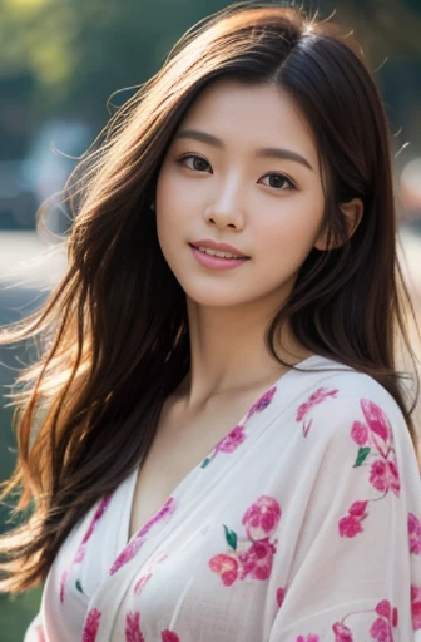 ((Best Quality, 8K, unreal engine, Masterpiece:1.3)), hyperrealistics style, (Image, Photograph), (Imada Mio:1.0), (Jisoo:0.5), Photos of young Japanese women named Haruka, 27 years old, beautiful face, very small chest, long black hair, white skin, light eyebrow, (wearing fancy floral kimono), looking at the viewers, sky scenery, highly detailed glossy eyes, high detailed skin, skin pores, beautiful, super fine face, exquisitely rendered details on face and skin texture, organic, stunningly beauty, soft and smooth body, smile, diffuse lighting, ornate, smooth