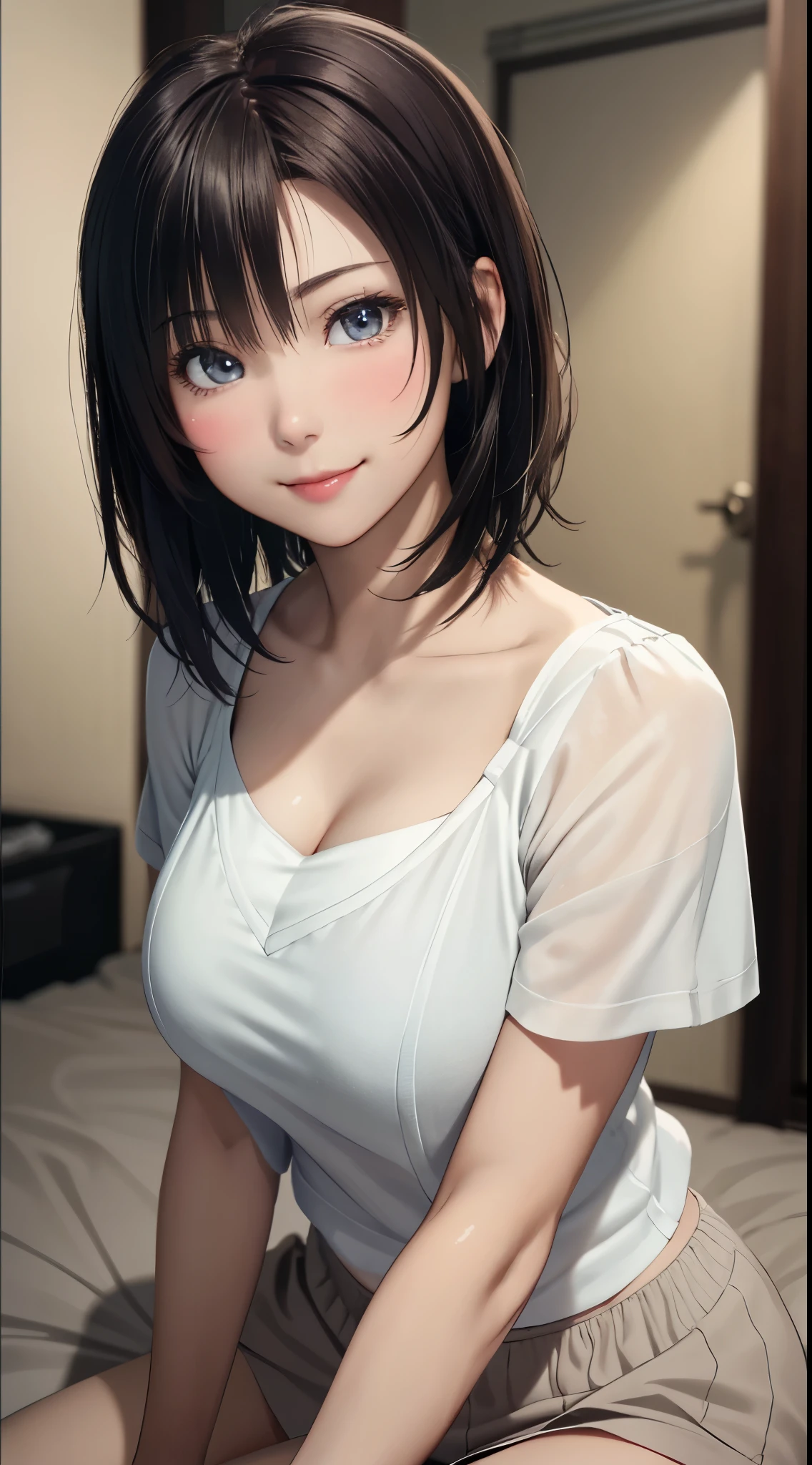 best quality, ultra high resolution, (lifelike: 1.4), beautiful Eyes, Super beautiful, very short hair, beautiful, sweetheart, Chubby T-shirt, beautiful Soldier, catch the audience's eyes, Lover's perspective, invitation expression, sexy smile, perfect style, Perfect balance, Delicate skin, naughty look, chest visible