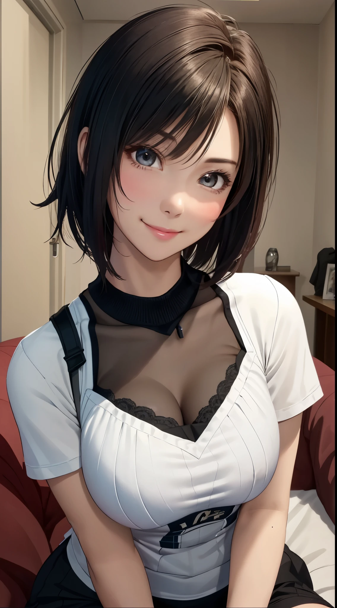 best quality, ultra high resolution, (lifelike: 1.4), beautiful Eyes, Super beautiful, very short hair, beautiful, sweetheart, Chubby T-shirt, beautiful Soldier, catch the audience's eyes, Lover's perspective, invitation expression, sexy smile, perfect style, Perfect balance, Delicate skin, naughty look, chest visible