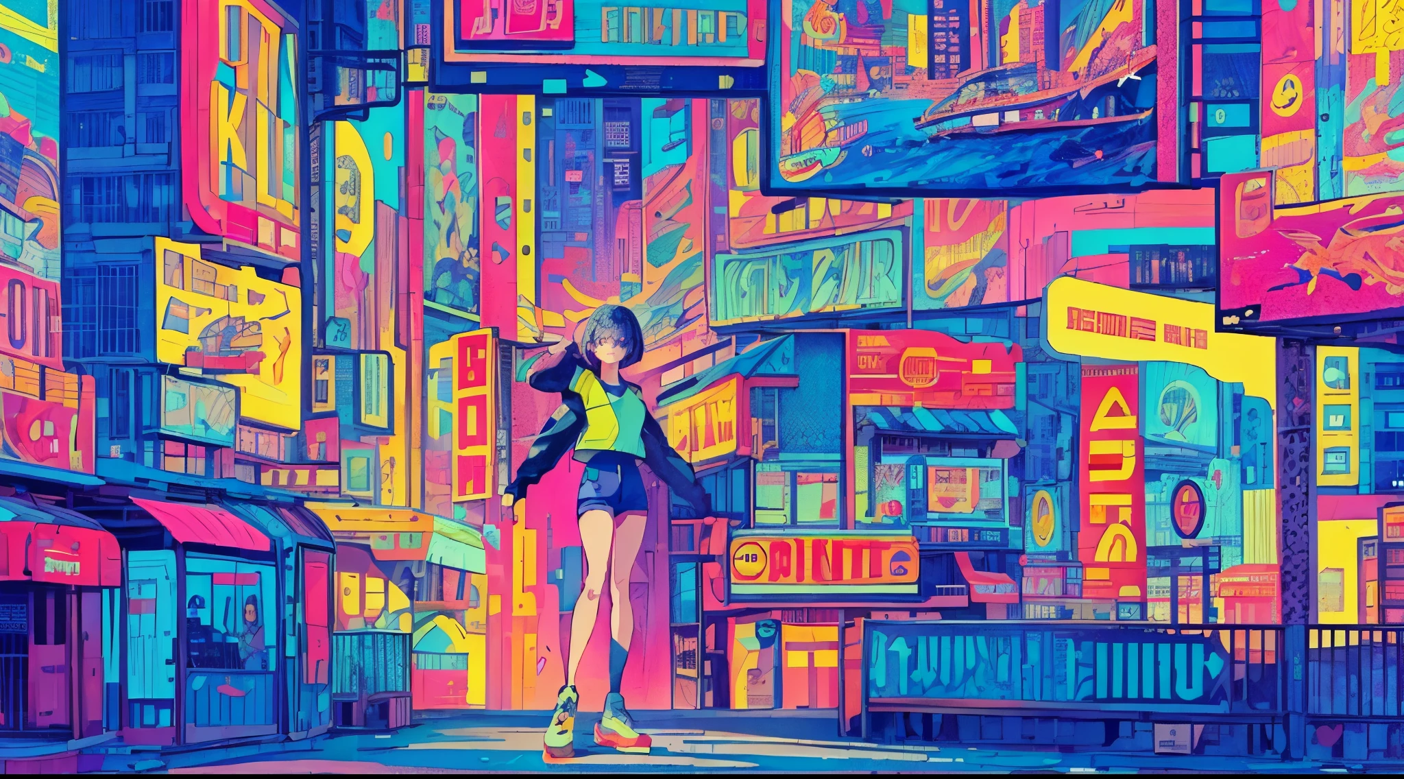 best quality, 4K wallpaper, masterpiece, extremely detailed CG unity 8k wallpaper, extremely detailed eyes, ultra-detailed, intricate details, 1 happy girl in center, retro art style, neon_pop art style, public, outdoors, road sign, city, people