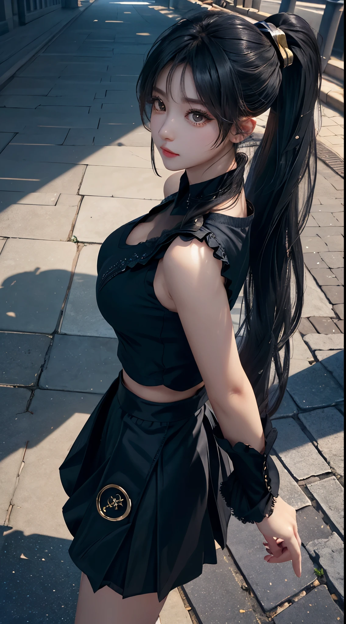 long eyelashes, solid round eyes,  ponytail, Hair is black and shiny, black eyes，delicate face, Surrealism, shadow, relief, Stereo view,  perspective, 大气perspective, 8k, Super details, precise, best quality，1 girl，on campus，medium breasts，black long skirt