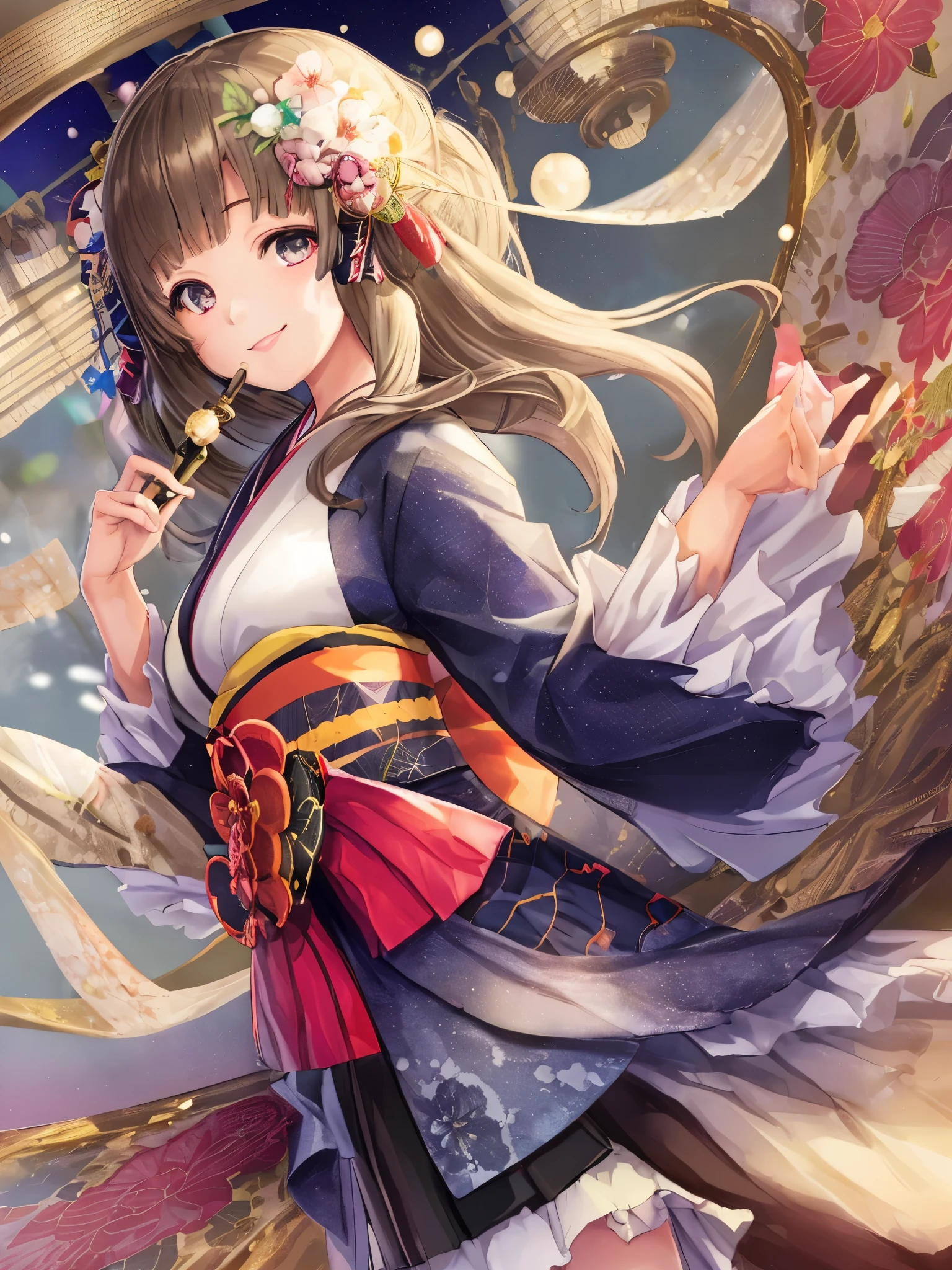 (best quality, high resolution, Textured Skin, high quality, High Detail,Extremely detailed CG unification),Teenage Girl，obsessed，Divine happiness，in love，(Swimwear and Kimono:1.2)，Long hair，(Fabric headdress minimalism，Multi-layer delicate ruffles，Lots of lace，Multi-color cloth，Exquisite embroidery，Beautiful pattern，Fabric headdress，Exquisite clothing，See through transparent clothes，bedroom，night，(Dazzle:1.2)，Movie Lighting，The only person，The skirt flutters，High Leg Raise
