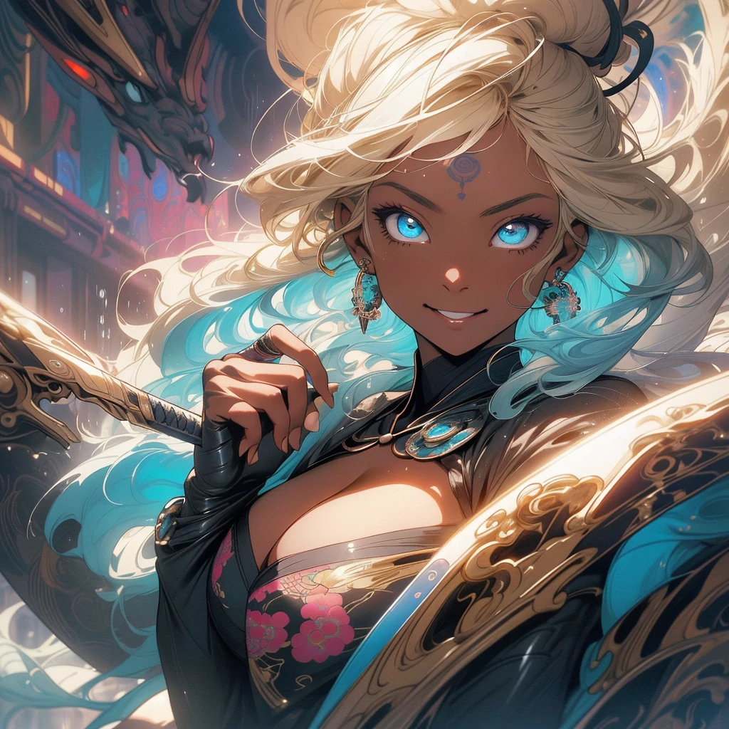 (((highest quality))),(((fine eyes))),(((32K))),(1 dark skinned girl),Fancy blonde,(tattoo),cyber punk,kimono,((luxurious and gorgeous)),shiny skin,earrings,Stylish costumes,((Super beautiful)),(perfect face),Japanese sword,ultimate texture,official art,Ukiyo-e,((stylish)),photograph,perfect body,smile,Bewitching,best image quality,super clear,genuine,fantasy,(Near the future),ninja,((perfect eyes)),big breasts,((Perfect cleavage)),highlight,挑発的なsmile,stick out tongue,Mechanical,mandala,Pouring rain,majestic,apotheosis,fractal art:(1.3),perfect lighting,colorful,((In underwear)),crow,
