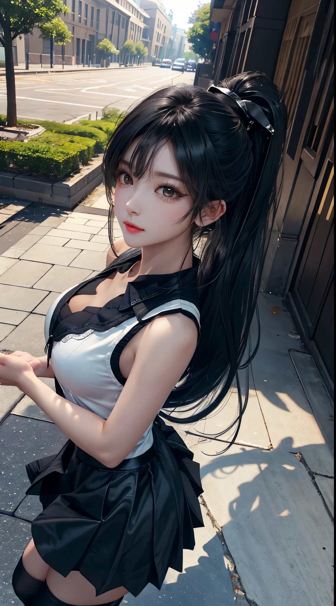 long eyelashes, solid round eyes, ponytail, Hair is black and shiny, black eyes,delicate face, Surrealism, shadow, relief, Stereo view, perspective, 大气perspective, 8k, Super details, precise, best quality,1 girl,on campus,medium breasts,black long skirt