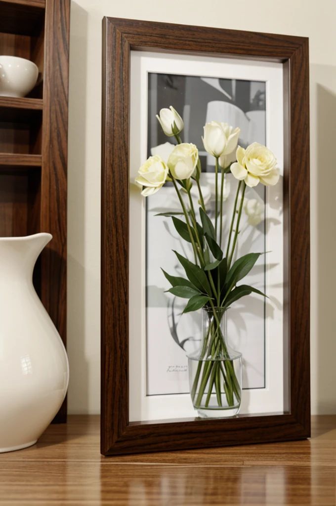 https://image.cdn2.seaart.ai/static/upload/20240111/21f47a6f-9ff7-44de-9bcb-52984f204386_high.webp there are two vases of flowers on each side of image and 1 picture frame on a shelf in the center, beautiful frame, indoor picture, frame around picture, framed in image, very beautiful photo, beautiful photo, dslr photo of a vase on a table, beautiful wooden frame, soft vignette, still photograph