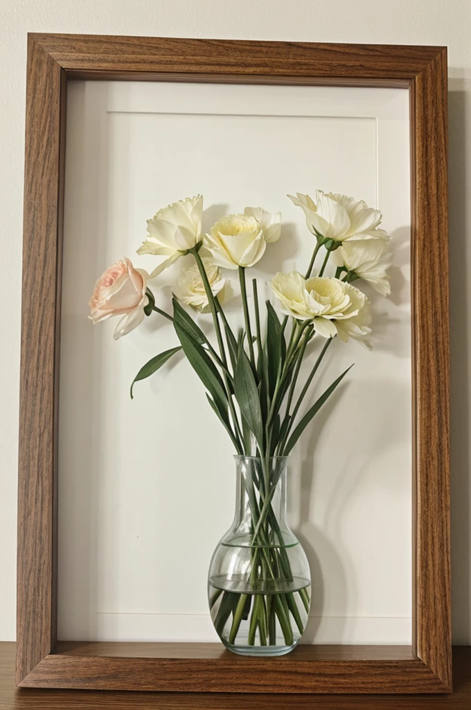 https://image.cdn2.seaart.ai/static/upload/20240111/21f47a6f-9ff7-44de-9bcb-52984f204386_high.webp there are two vases of flowers on each side of image and 1 picture frame on a shelf in the center, beautiful frame, indoor picture, frame around picture, framed in image, very beautiful photo, beautiful photo, dslr photo of a vase on a table, beautiful wooden frame, soft vignette, still photograph