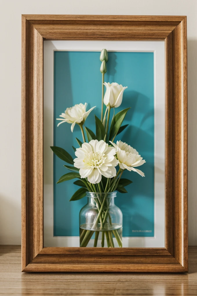 https://image.cdn2.seaart.ai/static/upload/20240111/21f47a6f-9ff7-44de-9bcb-52984f204386_high.webp there are two vases of flowers on each side of image and 1 picture frame on a shelf in the center, beautiful frame, indoor picture, frame around picture, framed in image, very beautiful photo, beautiful photo, dslr photo of a vase on a table, beautiful wooden frame, soft vignette, still photograph