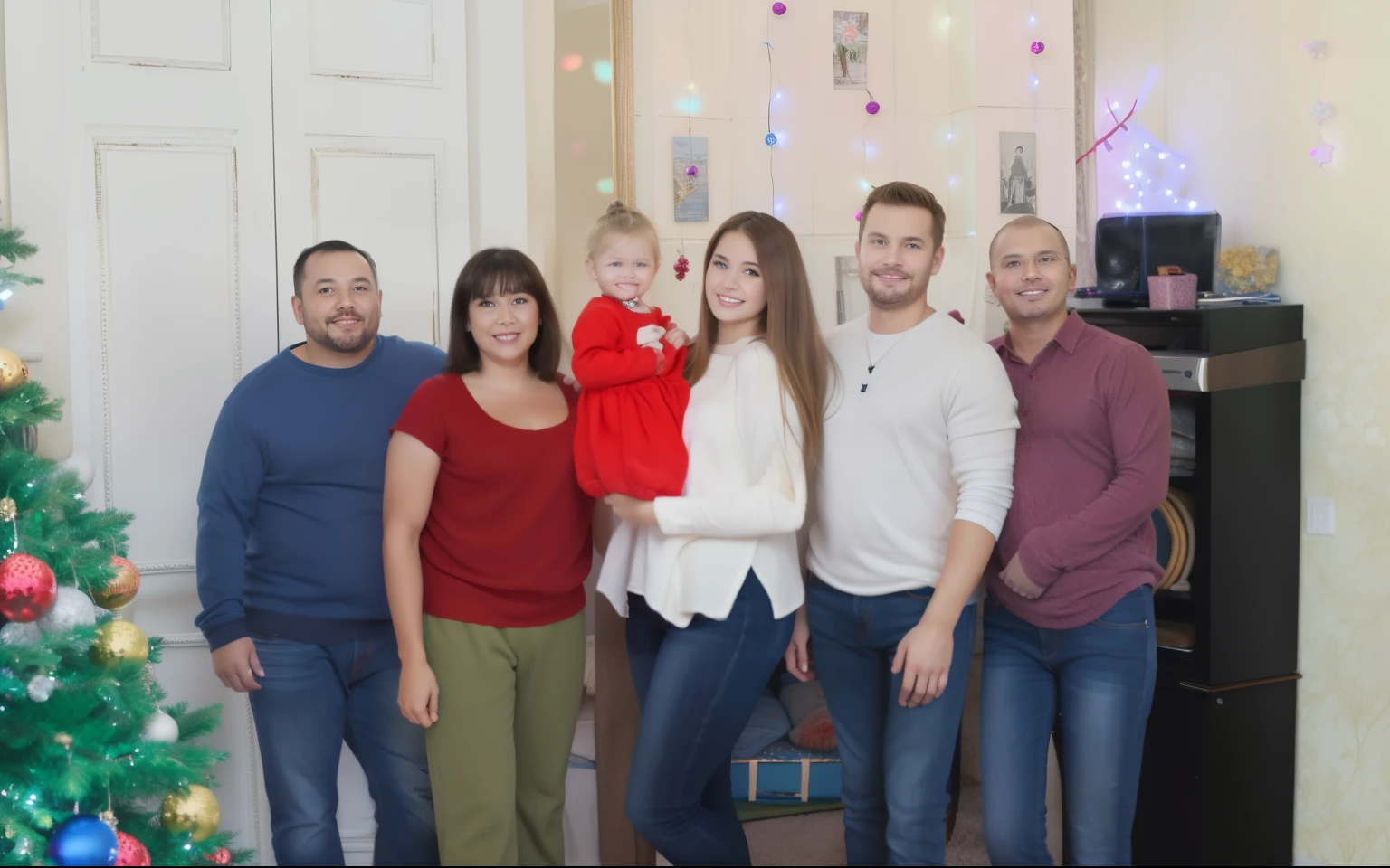 beautiful photo, New Year&#39;s room, family, Feature photo, wearing jeans, super quality 