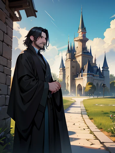 Severus Snape, with dark expression and shoulder-length black hair, wizard's robe, black Extremely long robe, black clothing, adult, old man, 35 years old, thin, detailed eyes, Shoulder-length black hair, dark brown eyes, no beard, polite expression, professional pose, masterpiece, detailed design, (masterpiece, best quality:1.2), highres, extremely detailed CG unity 8k wallpaper, perfect lighting, Colourful, ultra-high res,4K,ultra-detailed, photography, 8K, HDR, highres fields background, dirt path background, adventurer world, old English magical castle