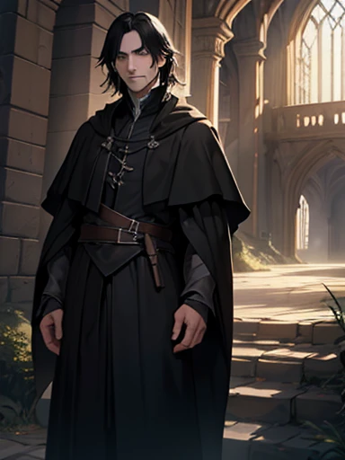 Severus Snape, with dark expression and shoulder-length black hair, wizard's robe, black Extremely long robe, black clothing, adult, old man, 35 years old, thin, detailed eyes, Shoulder-length black hair, dark brown eyes, no beard, polite expression, professional pose, masterpiece, detailed design, (masterpiece, best quality:1.2), highres, extremely detailed CG unity 8k wallpaper, perfect lighting, Colourful, ultra-high res,4K,ultra-detailed, photography, 8K, HDR, highres fields background, dirt path background, adventurer world, old English magical castle
