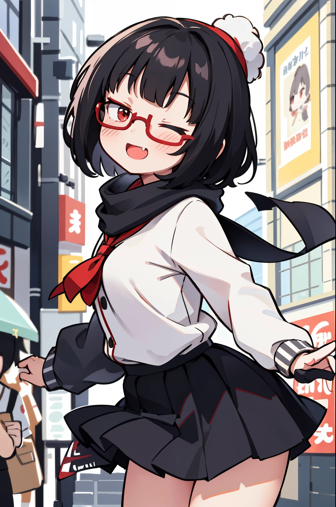 (masterpiece), insanely detailed, absurdres, ultra-highres, ultra-detailed, best quality, 1 girl, solo, nice hands, perfect hands, best quality, high quality, perfect lighting, cute girl, detailed face, detailed body, small breasts, dynamic pose, cowboy shot, looking at viewer, anime moe artstyle, full body model, kawaii, black hair, fluffy cut hair, (short) red eyes, beautiful woman, 1 girl, solo, cute girl, blushing, expressive eyes, (one eye closed, wink:1.2), perfect face, happy smile, laugh, open mouth, black beanie, fluffy cut black hair, black scarf, red japanese backpack, (wearing black school uniform), short skirt, Round Glasses Black, white skin, smug face, by Canon EOS, SIGMA Art Lens 35mm F1.4, ISO 200 Shutter Speed 2000, in harajuku, shibuya, tokyo, street, crowd, cityscape, medium breasts, (cleavage:-1.5),