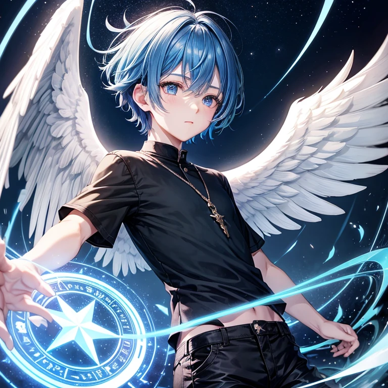 blue hair、short hair、black clothes、pants、(white angel wings)、(male)、neutral face、night sky、magic circle