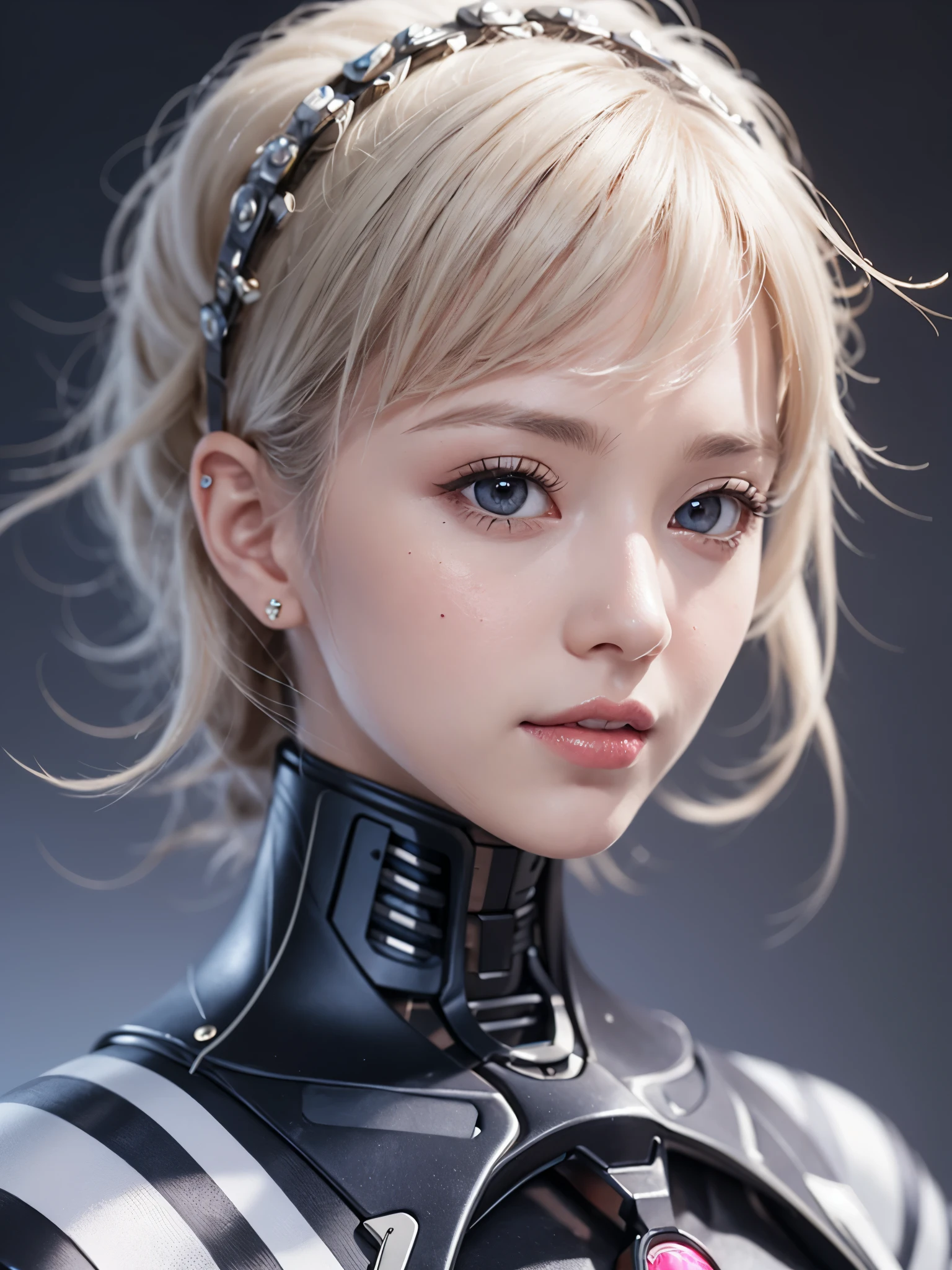 《concept art》。science and technology,Artificial intelligence AI,Virtual character design:Heart doctor,Hypnotist,Broadcast host,female,20 years old,white short hair,fluffy hair,Exquisite facial features,Beautiful makeup,Skin details,Smile。((Super realistic details)), illumination, shadow and light, octane rendering, 8k, Super sharp,Metal,complex, Accessories details,