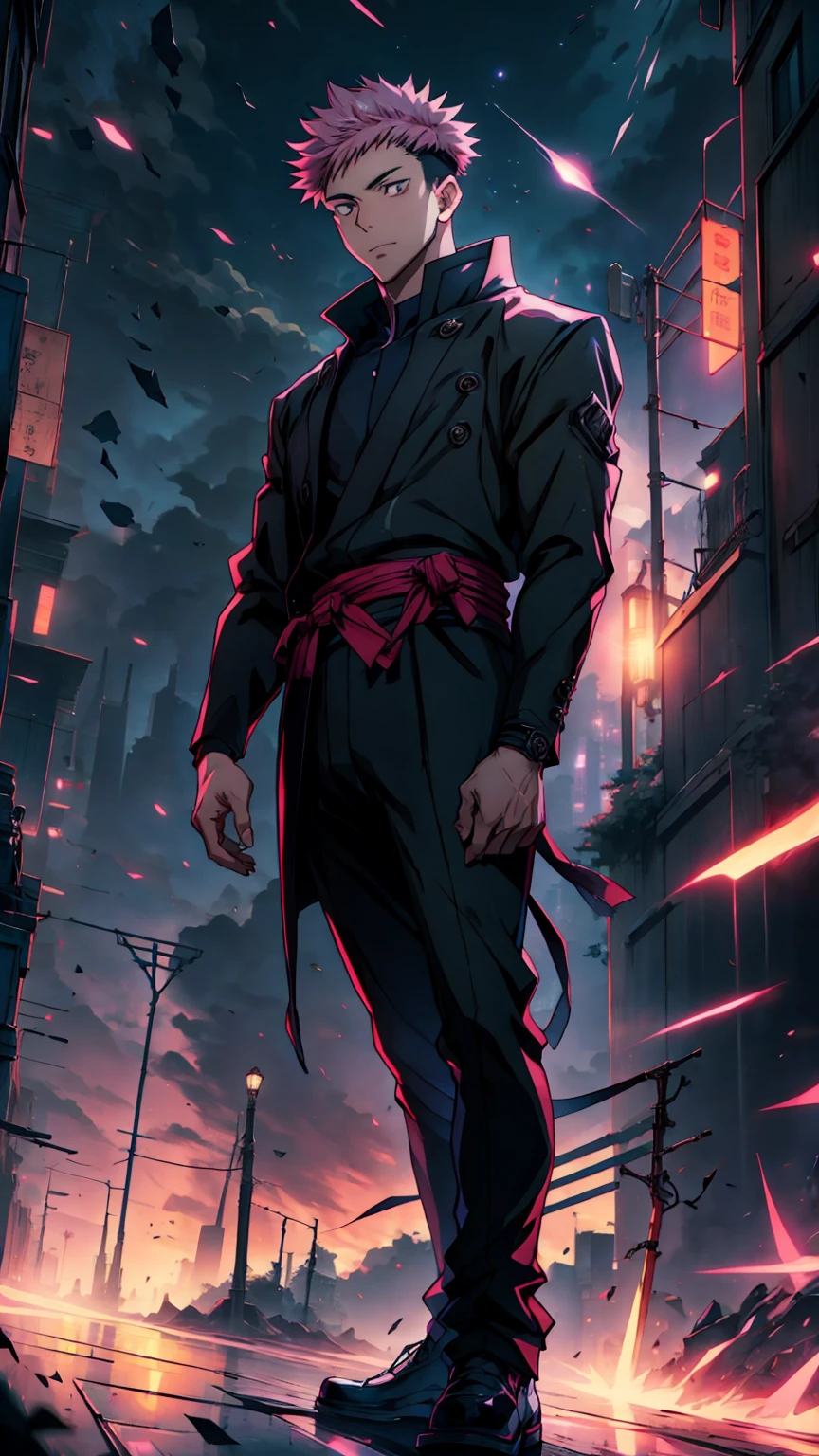 1boy, full body shot, 173 cm, itadori yuuji, black outfit, pink hair, sit, red and dark moon city night background, wallpaper, cinematic,High resolution 8K, Bright light illumination, lens flare, sharpness, masterpiece, top-quality, The ultra -The high-definition, high resolution, extremely details CG, Anime style, Film Portrait Photography,masterpiece,hyperdetail