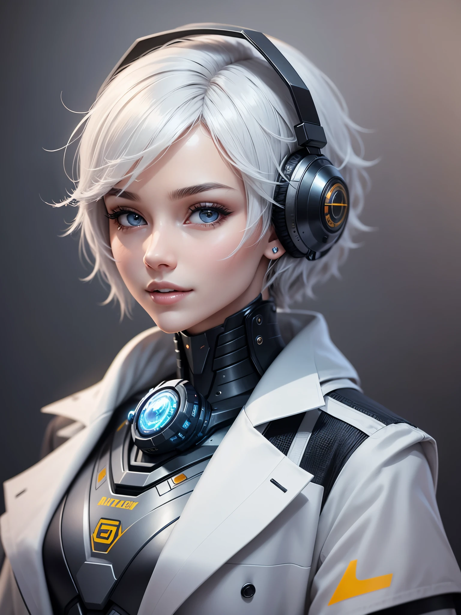 《concept art》。science and technology,Artificial intelligence AI,Virtual character design:Heart doctor,Hypnotist,Broadcast host,female,20 years old,white short hair,fluffy hair,Exquisite facial features,Beautiful makeup,Skin details,Smile。((Super realistic details)), illumination, shadow and light, octane rendering, 8k, Super sharp,Metal,complex, Accessories details,