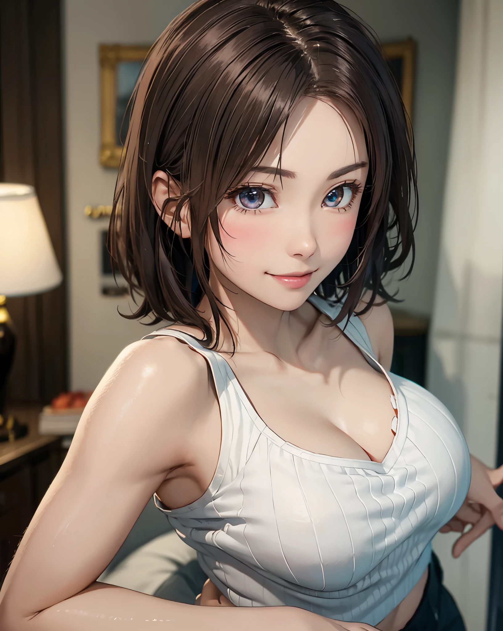 best quality, ultra high resolution, (lifelike: 1.4), beautiful Eyes, Super beautiful, very short hair, beautiful, sweetheart, Chubby T-shirt, beautiful Soldier, catch the audience's eyes, Lover's perspective, invitation expression, sexy smile, perfect style, Perfect balance, Delicate skin, naughty look, chest visible