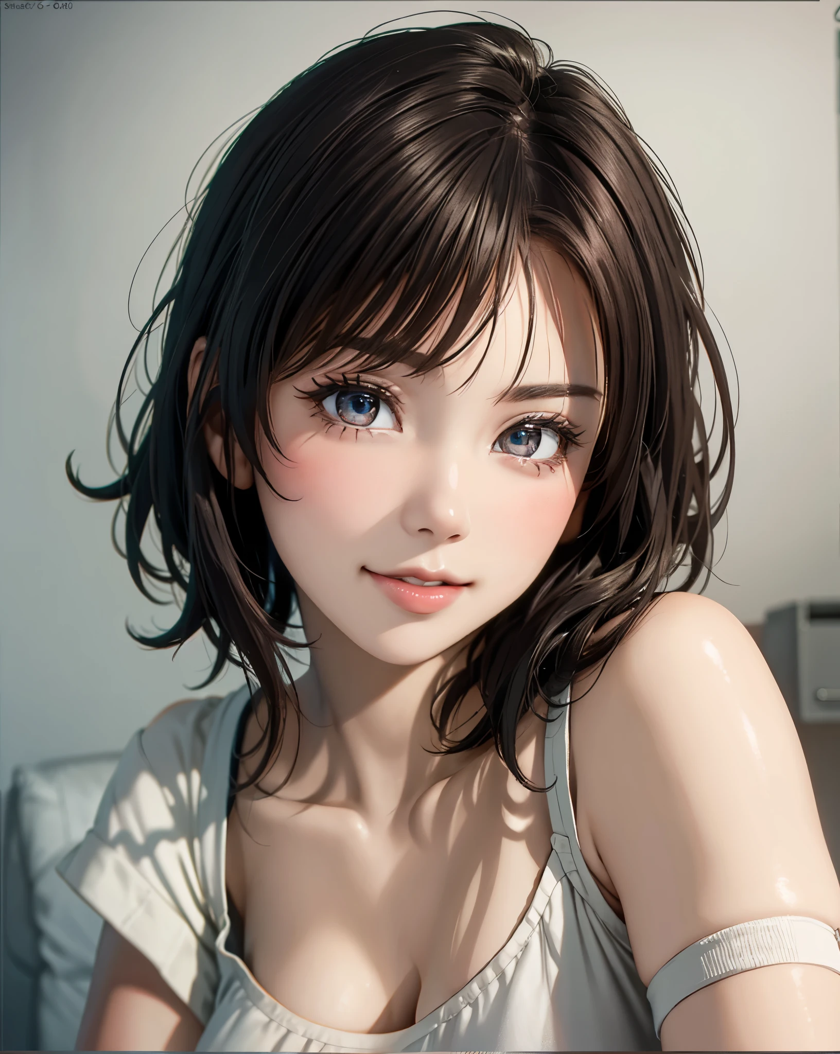 best quality, ultra high resolution, (lifelike: 1.4), beautiful Eyes, Super beautiful, very short hair, beautiful, sweetheart, Chubby T-shirt, beautiful Soldier, catch the audience's eyes, Lover's perspective, invitation expression, sexy smile, perfect style, Perfect balance, Delicate skin, naughty look, chest visible