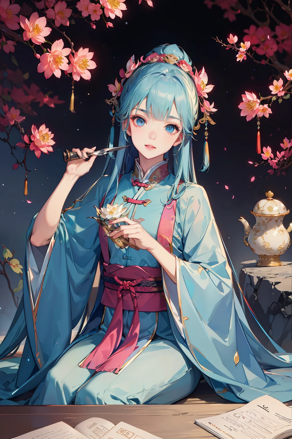 Light blue gauze dress, Hanfu, gentle eyes, delicate face, beautiful, ancient Chinese man sitting on stone, wearing ancient Chinese clothing, flowing tulle, light silk, lazy posture, large lotus leaves, lotus flowers, ink painting style, clean color, decisive cutting, white space, freehand, masterpiece, super detailed, epic composition, high quality, highest quality, 4k --v 6