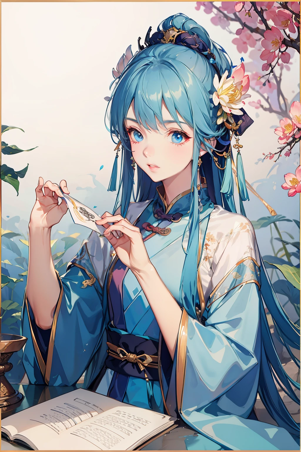 Light blue gauze dress, Hanfu, gentle eyes, delicate face, beautiful, ancient Chinese man sitting on stone, wearing ancient Chinese clothing, flowing tulle, light silk, lazy posture, large lotus leaves, lotus flowers, ink painting style, clean color, decisive cutting, white space, freehand, masterpiece, super detailed, epic composition, high quality, highest quality, 4k --v 6