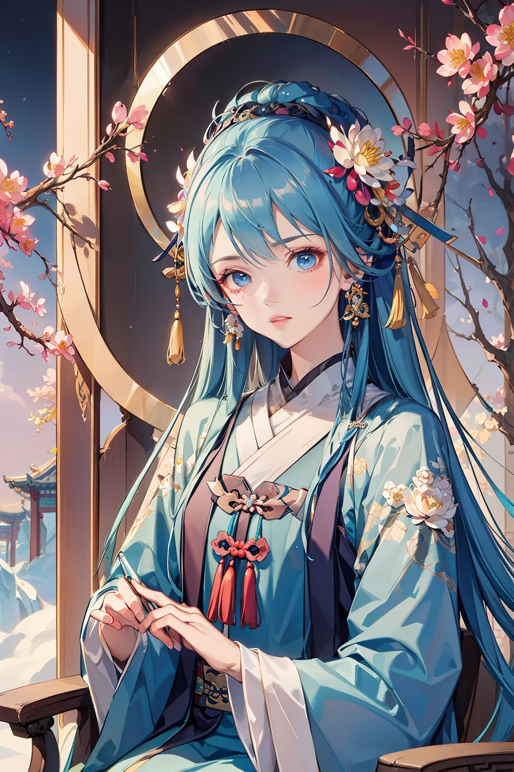 Light blue gauze dress, Hanfu, gentle eyes, delicate face, beautiful, ancient Chinese man sitting on stone, wearing ancient Chinese clothing, flowing tulle, light silk, lazy posture, large lotus leaves, lotus flowers, ink painting style, clean color, decisive cutting, white space, freehand, masterpiece, super detailed, epic composition, high quality, highest quality, 4k --v 6