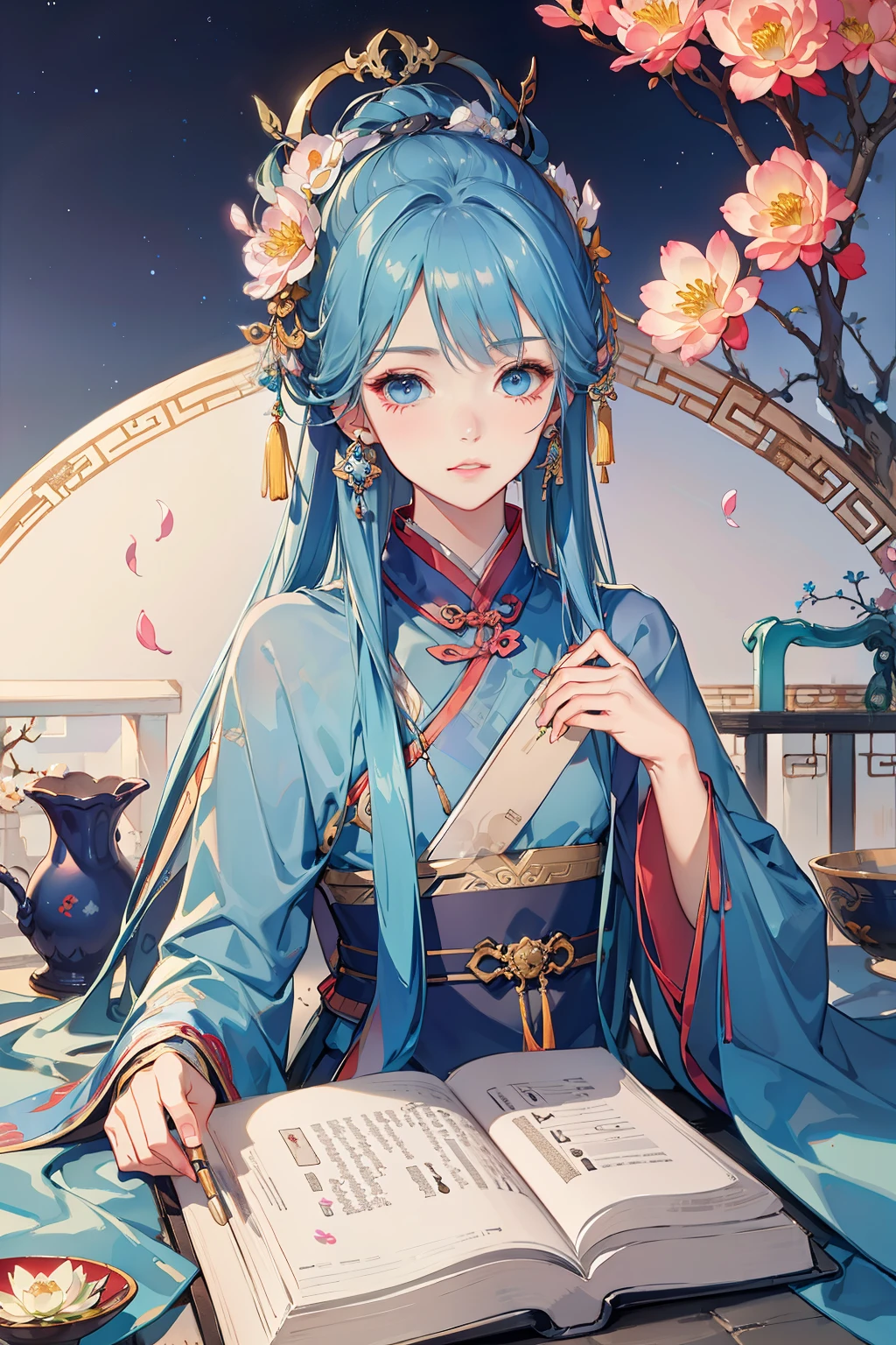 Light blue gauze dress, Hanfu, gentle eyes, delicate face, beautiful, ancient Chinese man sitting on stone, wearing ancient Chinese clothing, flowing tulle, light silk, lazy posture, large lotus leaves, lotus flowers, ink painting style, clean color, decisive cutting, white space, freehand, masterpiece, super detailed, epic composition, high quality, highest quality, 4k --v 6