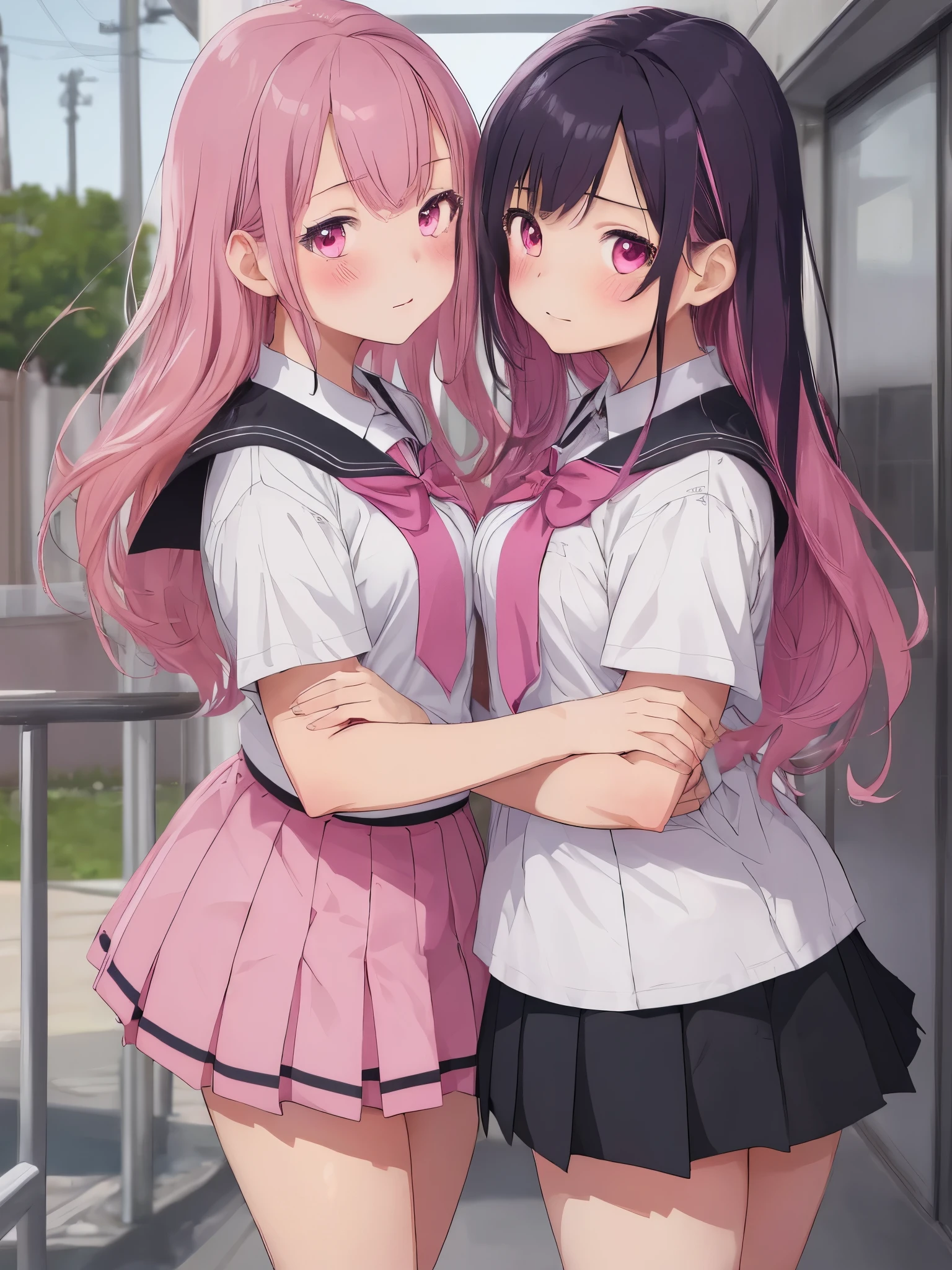twin girls, high school student, Uniforms, skirt, good body shape, pink hair, black hair, blush, high resolution