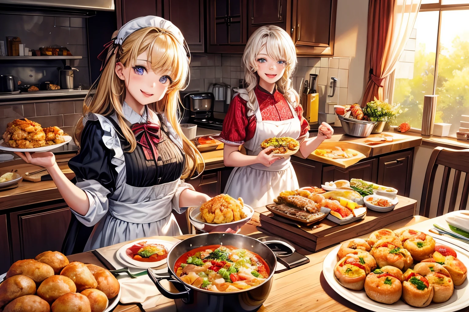 Create a masterpiece、background with((dining room))、2 beautiful women、Detailed embroidery on the dress、skirt by、eating food,Eat already., Multiple diets,What to eat ((Sweet border,dish)),A full meal,You can see the food more clearly.,Character face (cheerful,Smiling, opening his mouth.,looking at viewer),Camera Angle(High Angle),The character is(frying food),The characters have(in the eyes sparkling),perspective (High Angle),There's a lot more food than this.,Clear Image,Clear details