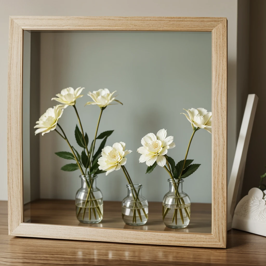 https://image.cdn2.seaart.ai/static/upload/20240111/21f47a6f-9ff7-44de-9bcb-52984f204386_high.webp there are two vases of flowers on each side of image and 1 picture frame on a shelf in the center, beautiful frame, indoor picture, frame around picture, framed in image, very beautiful photo, beautiful photo, dslr photo of a vase on a table, beautiful wooden frame, soft vignette, still photograph
