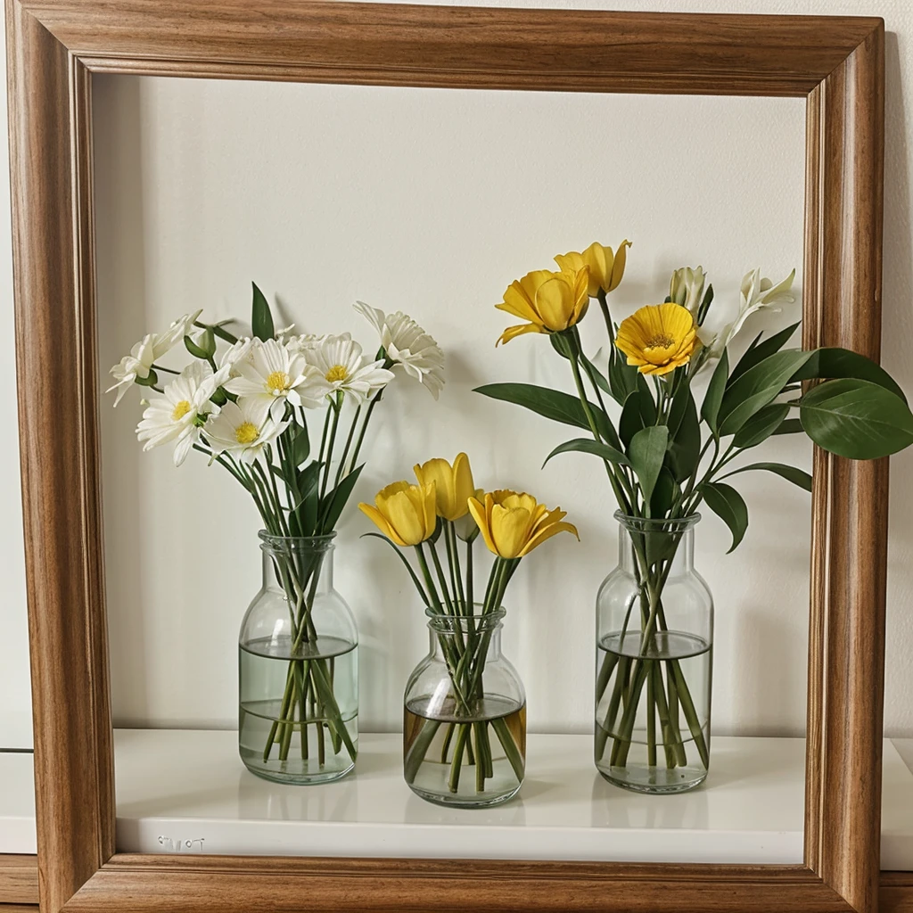 https://image.cdn2.seaart.ai/static/upload/20240111/21f47a6f-9ff7-44de-9bcb-52984f204386_high.webp there are two vases of flowers on each side of image and 1 picture frame on a shelf in the center, beautiful frame, indoor picture, frame around picture, framed in image, very beautiful photo, beautiful photo, dslr photo of a vase on a table, beautiful wooden frame, soft vignette, still photograph
