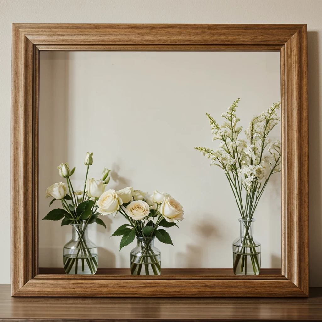 https://image.cdn2.seaart.ai/static/upload/20240111/21f47a6f-9ff7-44de-9bcb-52984f204386_high.webp there are two vases of flowers on each side of image and 1 picture frame on a shelf in the center, beautiful frame, indoor picture, frame around picture, framed in image, very beautiful photo, beautiful photo, dslr photo of a vase on a table, beautiful wooden frame, soft vignette, still photograph