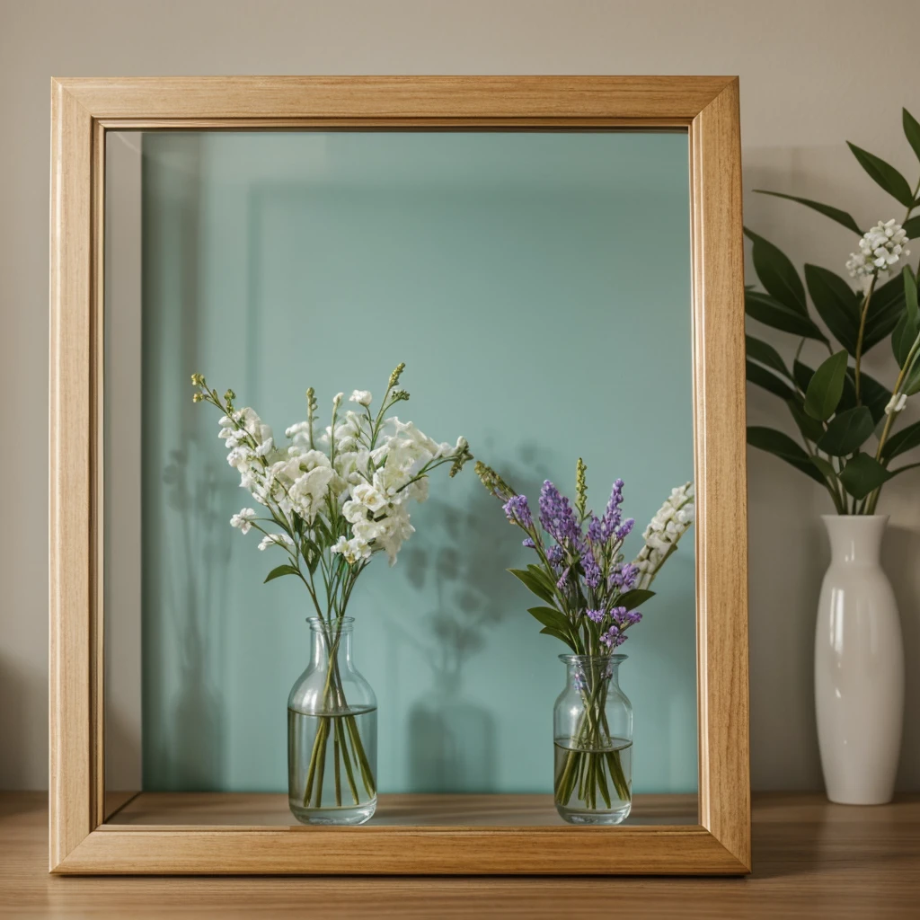 https://image.cdn2.seaart.ai/static/upload/20240111/21f47a6f-9ff7-44de-9bcb-52984f204386_high.webp there are two vases of flowers on each side of image and 1 picture frame on a shelf in the center, beautiful frame, indoor picture, frame around picture, framed in image, very beautiful photo, beautiful photo, dslr photo of a vase on a table, beautiful wooden frame, soft vignette, still photograph
