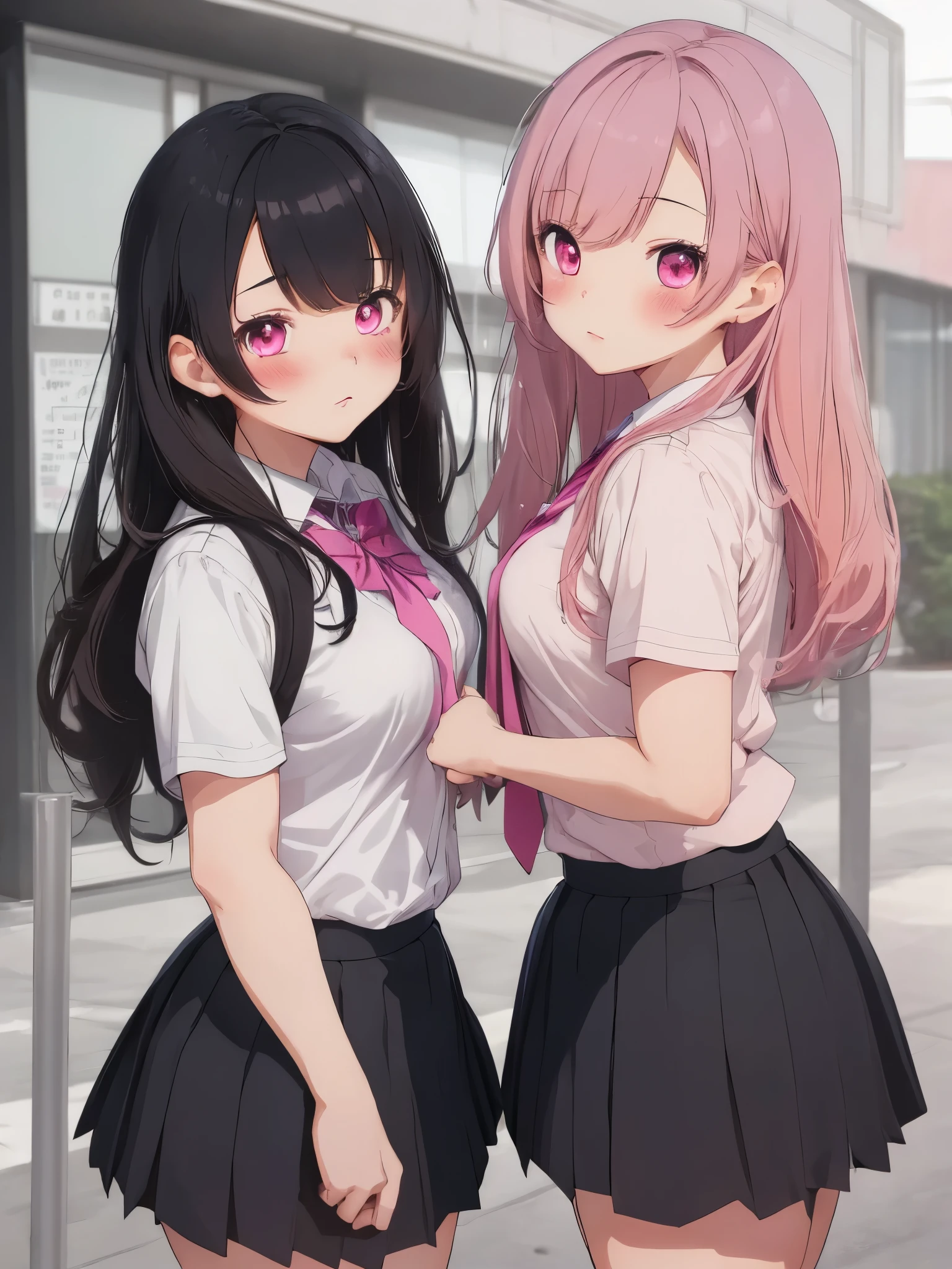 twin girls, high school student, Uniforms, skirt, good body shape, pink hair, black hair, blush, high resolution