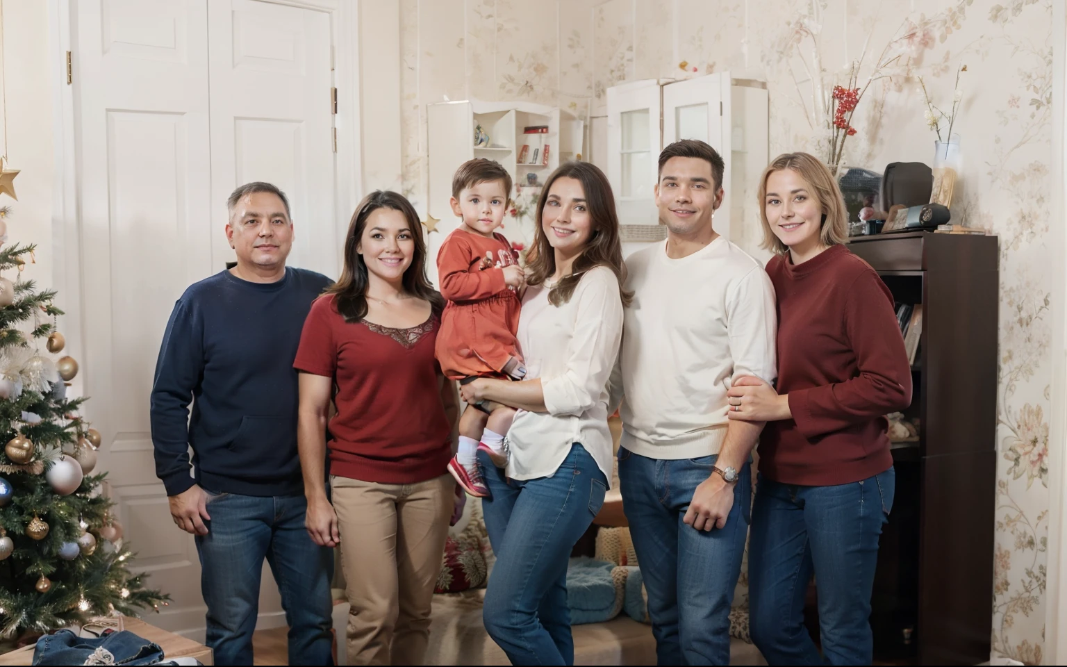 beautiful photo, New Year's room, family, Feature photo, wearing jeans, super quality