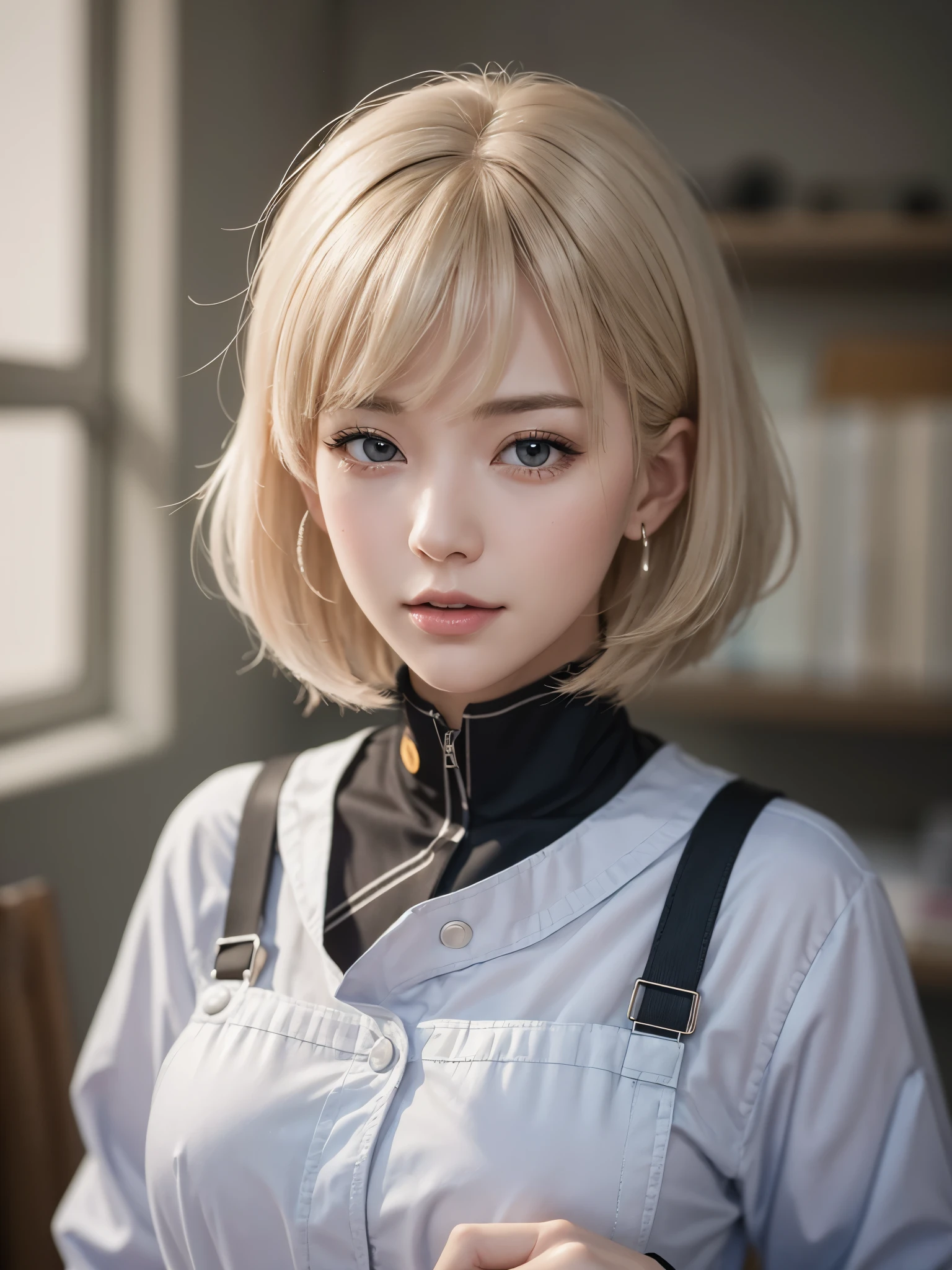 (best picture quality,4k,8k,high-definition,masterpiece:1.2),Ultra-detailed,(lifelike,lifelike,lifelike:1.37),AI characters,Avatars,mental health,Therapist,Hypnotist,radio broadcast,preside,woman,20 years old,white short hair,Delicate facial features,Exquisite makeup,Detailed skin,Smile,Coveralls。at work。(surreal details)),light,shadows and highlights,sharp rendering,8K resolution,