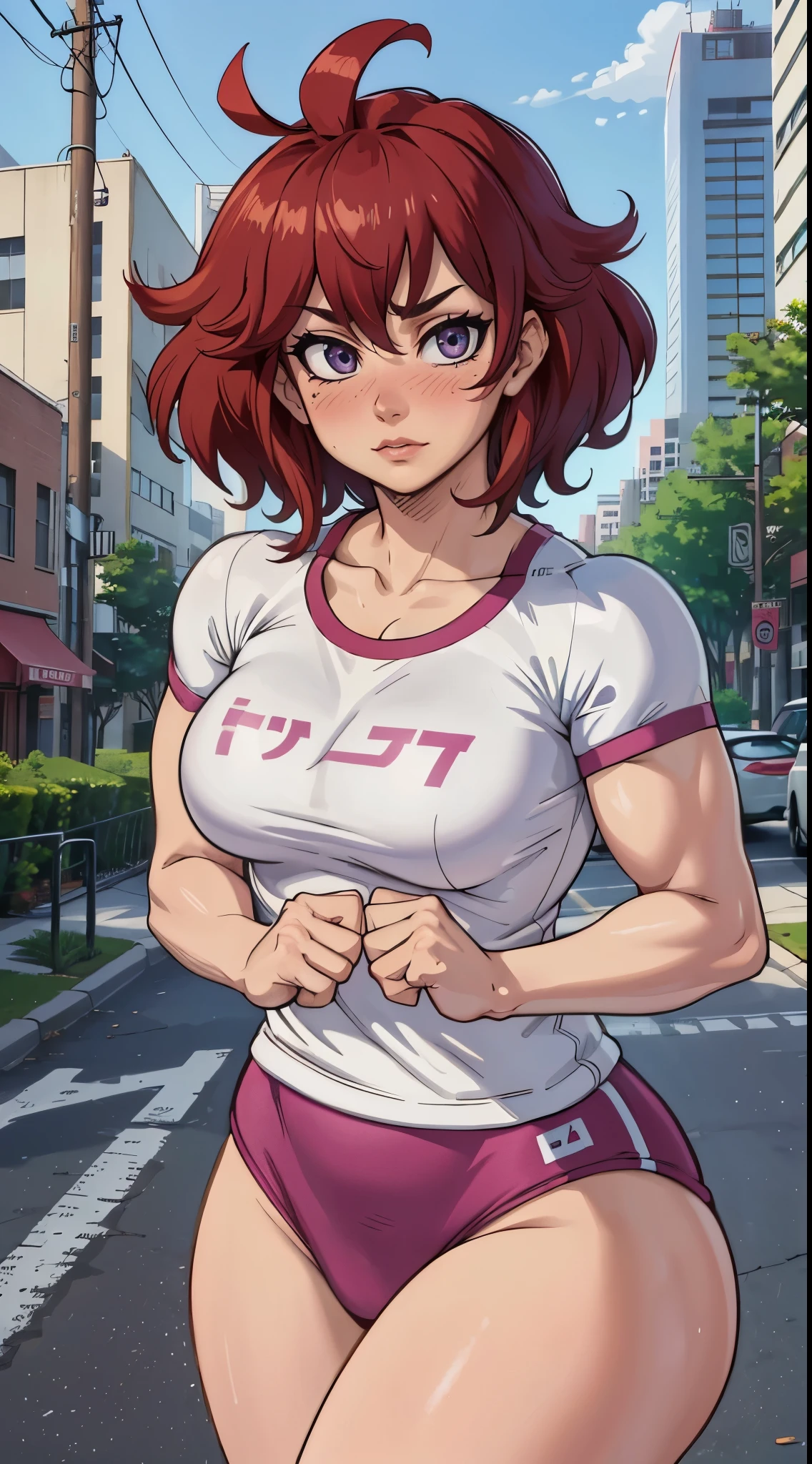 (best quality:1.3), (4k quality), 1 mature woman, Mina Ashido by boku no hero, ((Detailed face)), (blush), city, (gym clothing)