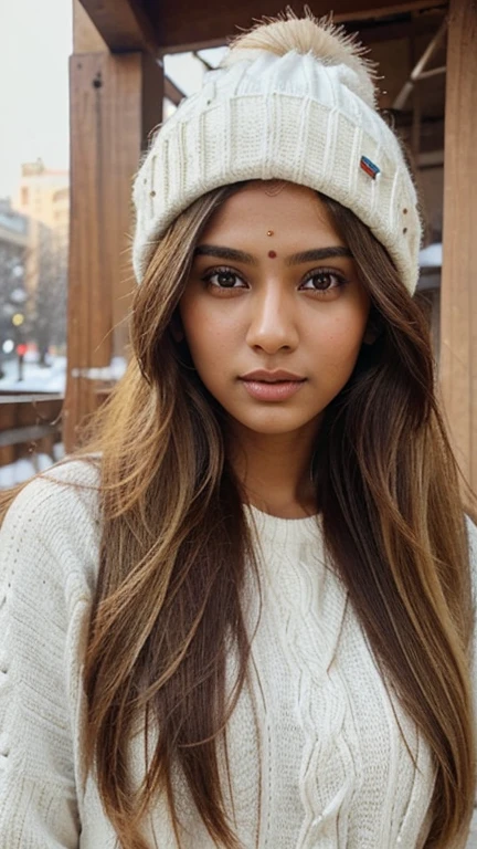 lovely cute young attractive indian girl, brown eyes, gorgeous actress, 23 years old, cute, an Instagram model, long blonde_hair, colorful hair, winter, Indian, wearing