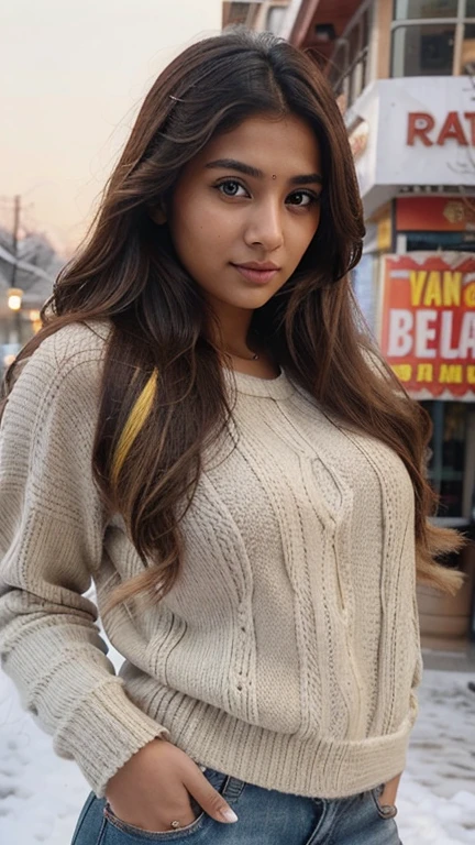 lovely cute young attractive indian girl, brown eyes, gorgeous actress, 23 years old, cute, an Instagram model, long blonde_hair, colorful hair, winter, Indian, wearing 