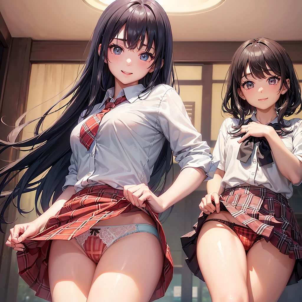 (8K、Raw photo、highest quality、masterpiece:1.2)、one girl、beautiful girl、black hair、short hair、(curly hair)、(((Light blue lace panties)))、NSFW、mini skirt、(smile showing teeth )、(((lift the hem of the skirt、スカートの裾をboth handsで持ち上げる、Lift the hem of the skirt yourself)))、thighs、d cup bust、((Japanese school uniform))、(Red Blazer:1.2)、(short plaid skirt:1.5)、(tie:1.2)、checked skirt、((highest quality、16K、muste piece:1.3))、light on face、detailed face、highly detailed lips、detailed eyes、realistic eyes、Beautiful hands of the city、both hands、normal hands、Two arms、full hand、beautiful body、beautiful fingers、normal finger、Five fingers、Five fingers、(thumb) 、index finger、middle finger、ring finger、little finger)、beautiful eyes、Shining eyes、beautiful mouth、beautiful lips、(Correct eye balance)、while looking at the viewer、background blur