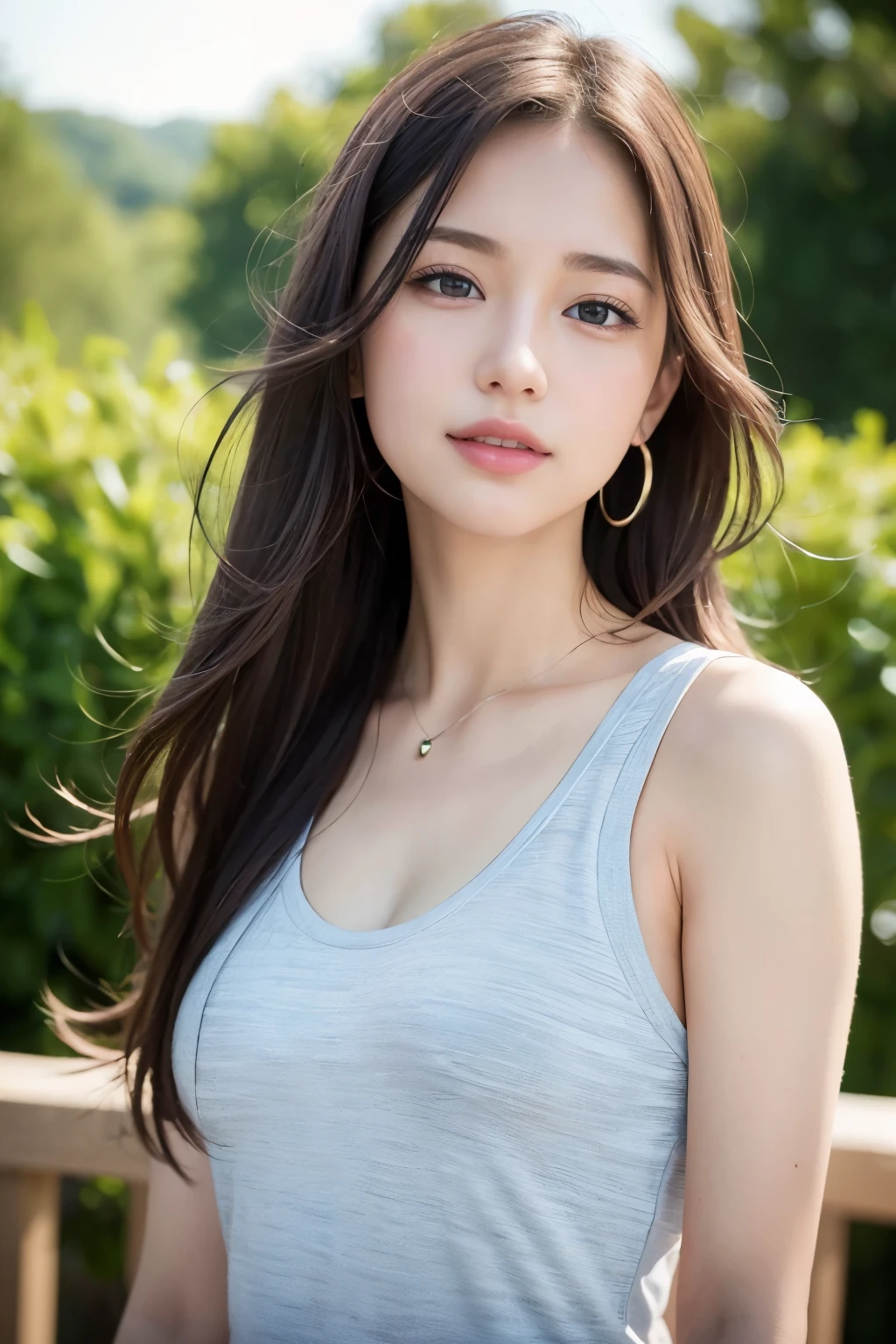 (8k, Best Quality, Masterpiece:1.2), (Realistic, Photorealistic:1.37), Ultra Detail, 1 Girl,Cute,Solo,Beautiful Detailed Sky,Date,(Blush),(Smile:1.15),(Closed Mouth)Small Breasts,Beautiful Detailed Eyes,(Long Hair: 1.2),Floating Hair NovaFrogStyle, Upper Body, Tank Top
