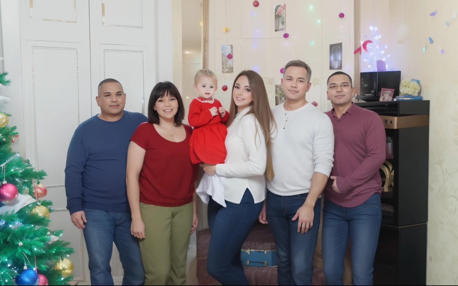 beautiful photo, New Year's room, family, Feature photo, wearing jeans, super quality