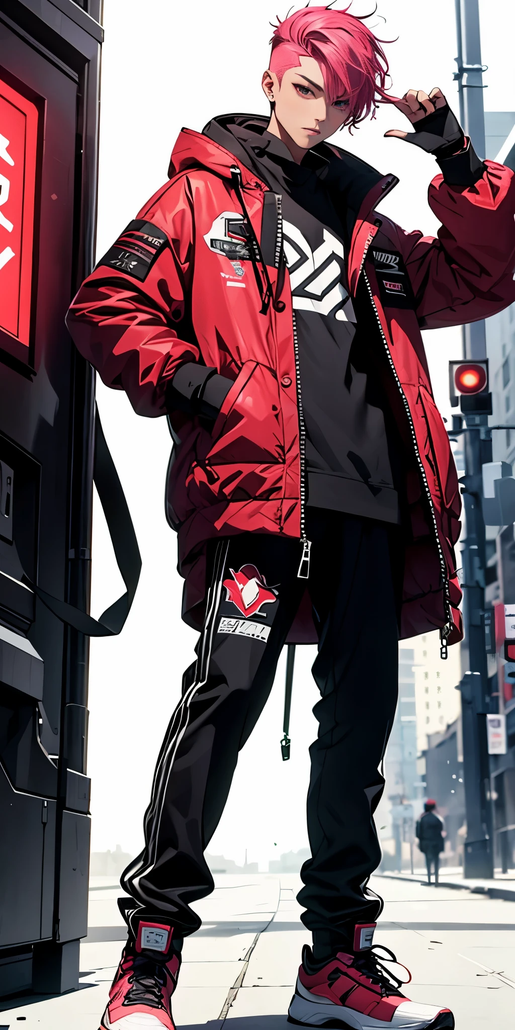a Handsome boy ,full body,standing ,pink hair,(disconnected undercut 1.3),red eyes ,red jacket,cyber punk, no background