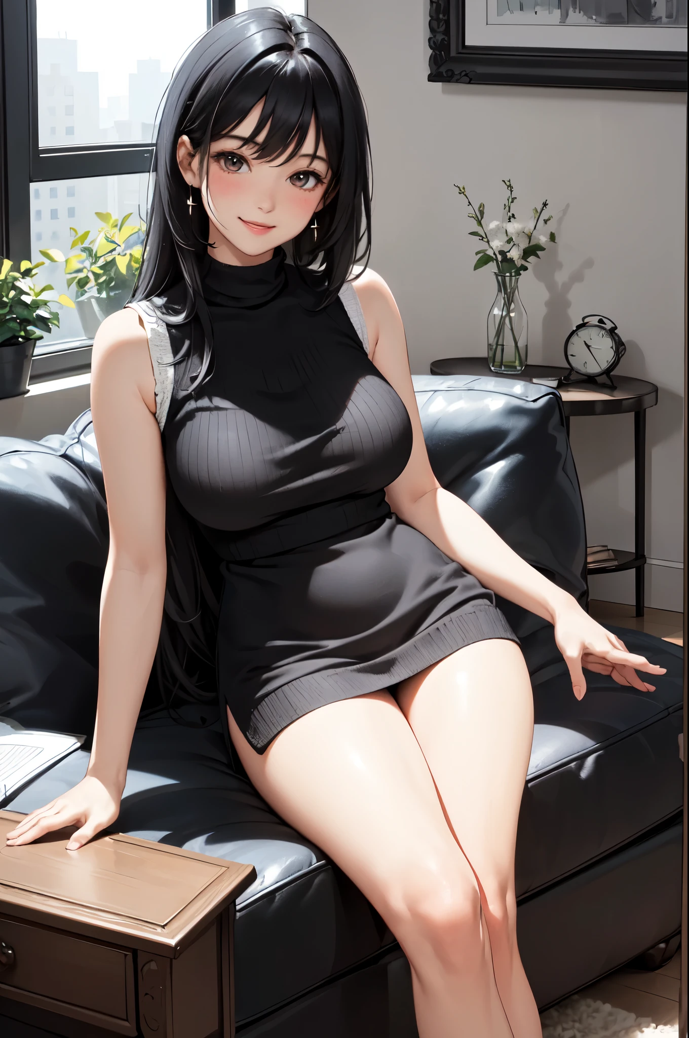 1 standing lady, /(Sleeveless knitted shirt/), adult, /(black hair/) Bangs, Blushing kind smile, (Masterpiece best quality:1.2) Exquisite illustrations and super detailed, Big breastsBREAK /(Modern house living room/)