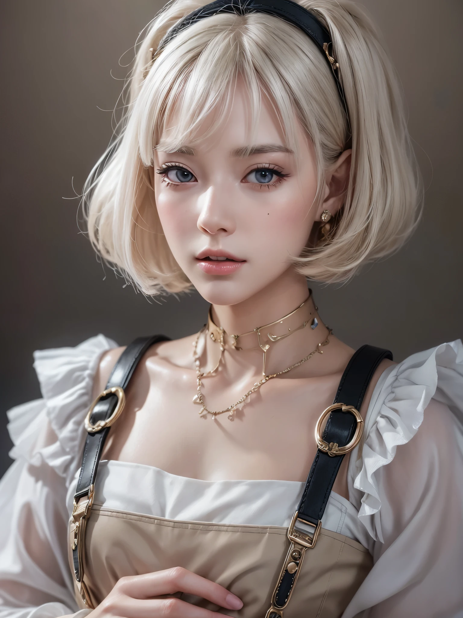 (best picture quality,4k,8k,high-definition,masterpiece:1.2),Ultra-detailed,(lifelike,lifelike,lifelike:1.37),AI characters,Avatars,mental health,Therapist,Hypnotist,radio broadcast,preside,woman,20 years old,white short hair,Delicate facial features,Exquisite makeup,Detailed skin,bust,White overalls。Colonel rank。(surreal details)),light,shadows and highlights,sharp rendering,8K resolution,