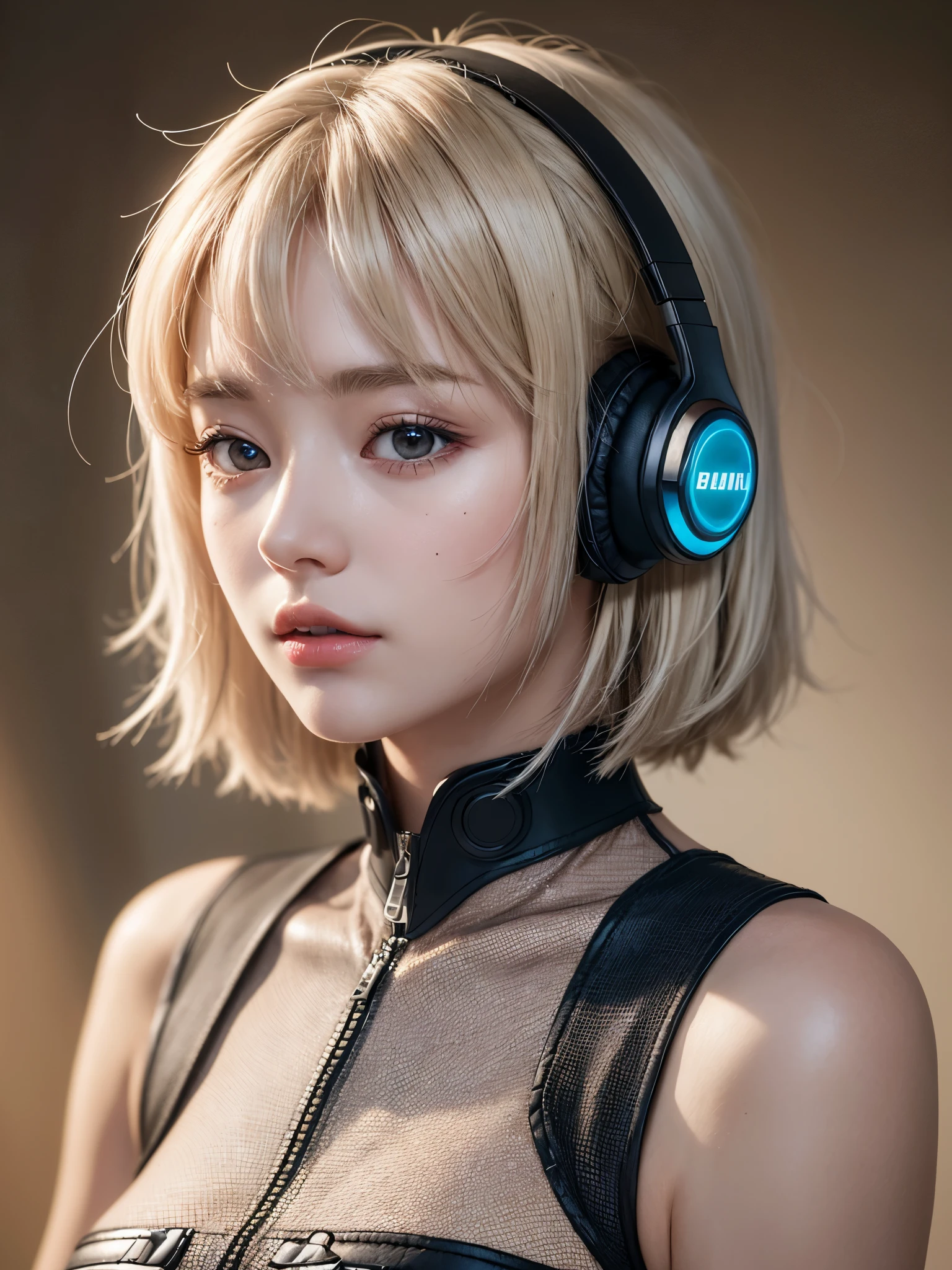 (best picture quality，4k,8k，high-definition，masterpiece:1.2)，Ultra-detailed，(lifelike，lifelike，lifelike:1.37)，AI characters，（Virtual digital humans：woman，20 years old，white short hair，Delicate facial features，Exquisite makeup，Detailed skin，wireless headset），captain。She is mentally healthy、Therapist、Hypnotist、preside。bust，Electronic collar，White overalls。(surreal details))，light，shadows  and highlights，sharp rendering，8K resolution，