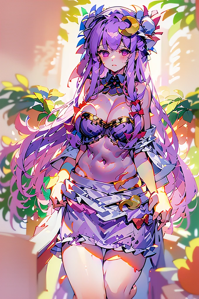 (masterpiece, best quality),best quality, (ultra-detailed), (3heads:1.4), 1girl, (patchouli knowledge:1.3), masterpiece, best quality, purple top, crop top, ((stomach)), midriff, ((groin)), vertical striped skirt, normal ears, , purple hair, very long hair, wavy hair, sidelocks, green eyes, parted lips, single horn, sweat, cute, toned belly, hand on own , eyelashes, (24 year old woman:1.3), (masterpiece:1.4), (best quality:1.4), (beautiful detailed, extremely detailed CG, extremely delicate and beautiful, depth of field, (finely detailed face), (perfect details:1.0), (mature female:1.3), wide pelvis, slender, large veiny , 8k resolution, high quality, high definition, extremely detailed, masterpiece, best quality, purple hair, long hair, alluring presence, braid, short skirt, close up, big , young, crescent hat ornament, crescent, hair bow, bow,  