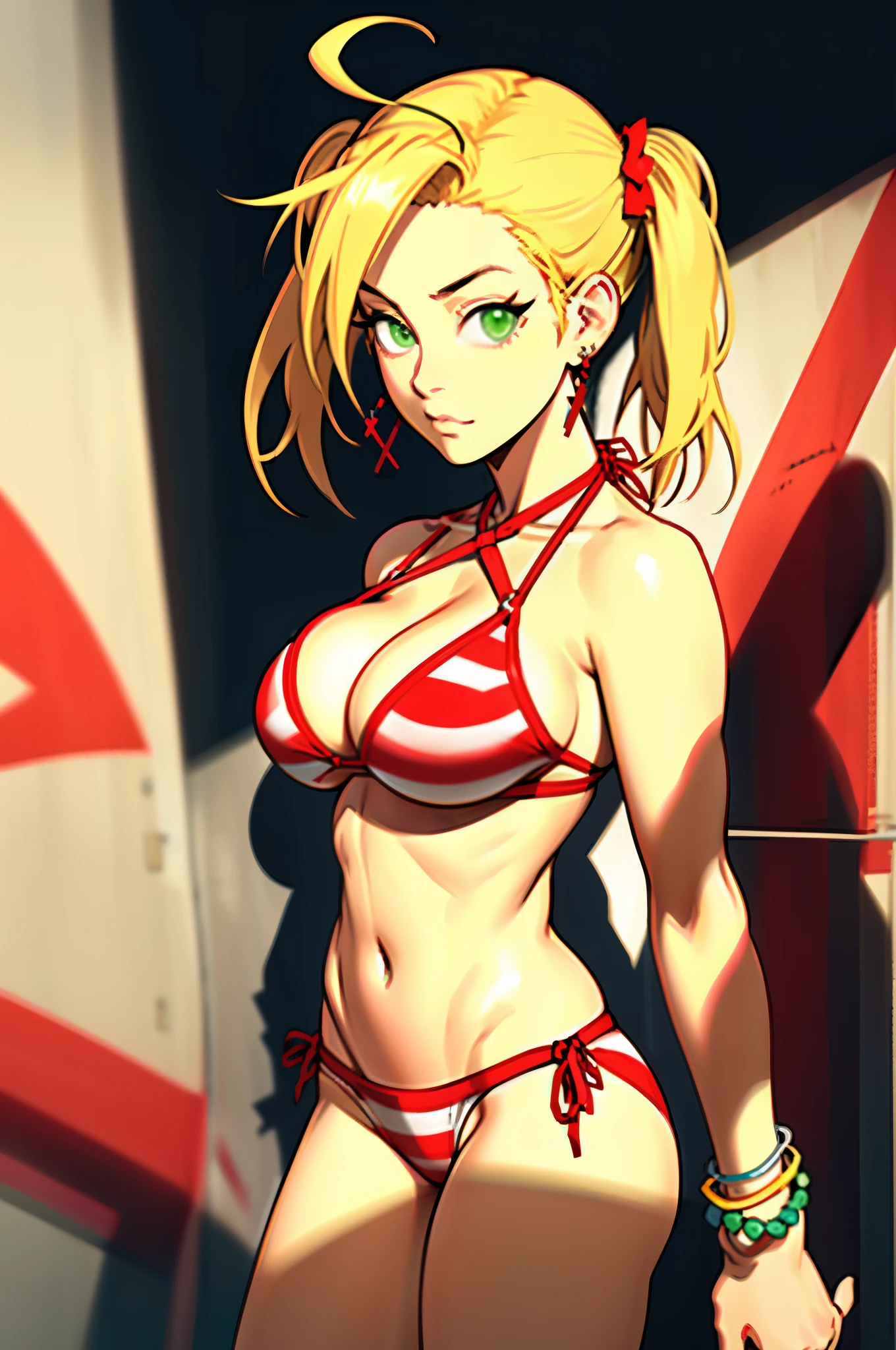 1girl, (solo:1.2), (cowboy shot:1.2), (looking at viewer:1.3),
bbnero, long hair, ahoge, twintails, green eyes, earrings, medium breasts, jewelry, halterneck, criss-cross halter, bare shoulders, cleavage, striped bikini, bracelet, side-tie bikini bottom, red bikini, red-white striped bikini, (large breasts:1.3), curvy