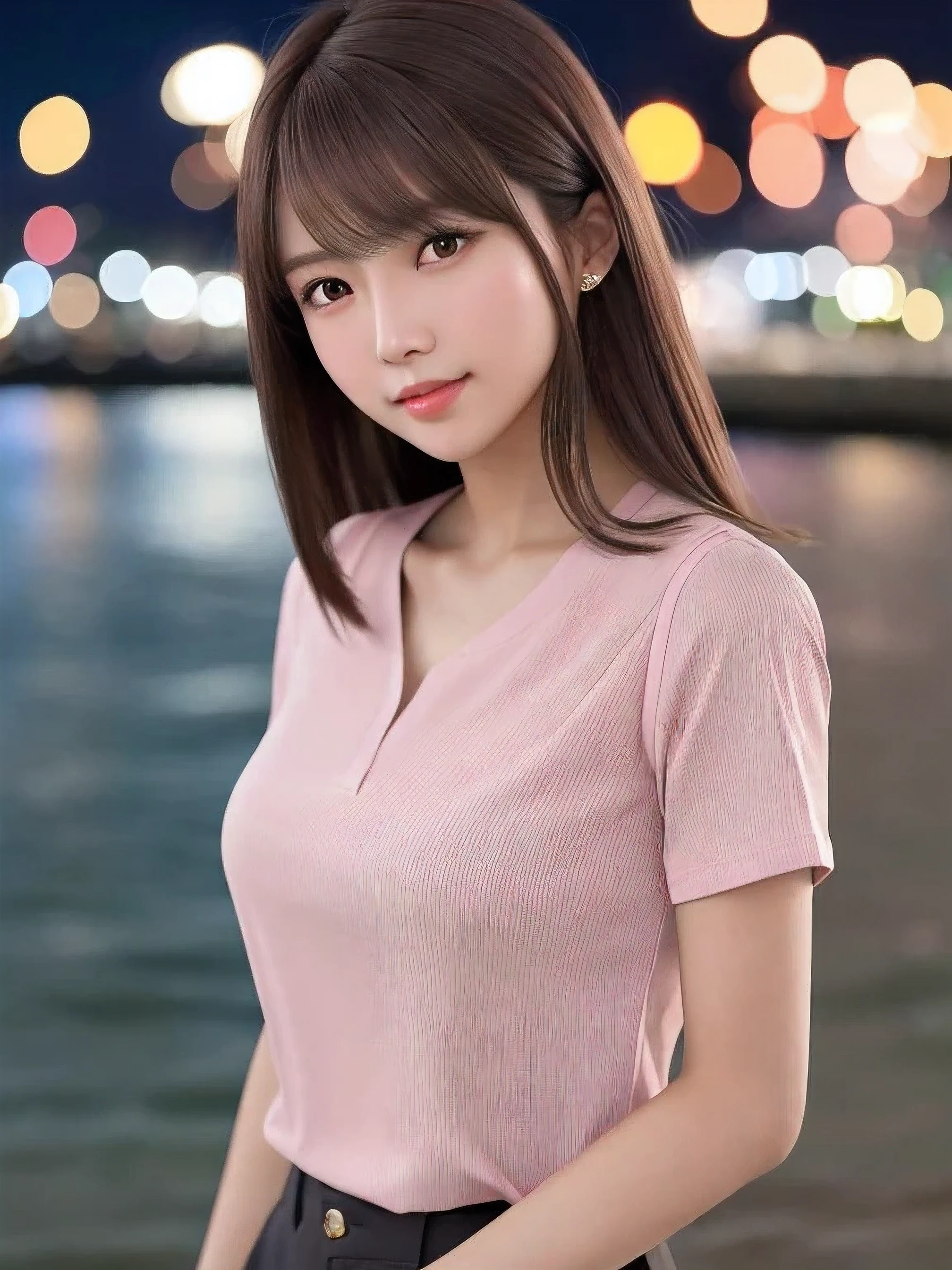 product quality, 1 girl per 1 photo, upper body shot, front view, a Japanese young pretty girl, long bob hair, wearing a marriage ring, night time, wearing a short sleeves collared pink blouse, wearing light brown pants, standing at a crowded wharf with a big smile, staring at the night view over the sea, a shoulder bag, hyper cute face, glossy lips, double eyelids for both eyes, natural makeup, shiny smooth light brown hair of long bob hair, asymmetrical bangs, tanned skin, central image, 8K resolution, high detail, detailed hairstyle, detailed face, cinematic lighting, octane rendering, hyper realistic, perfect limbs, perfect anatomy