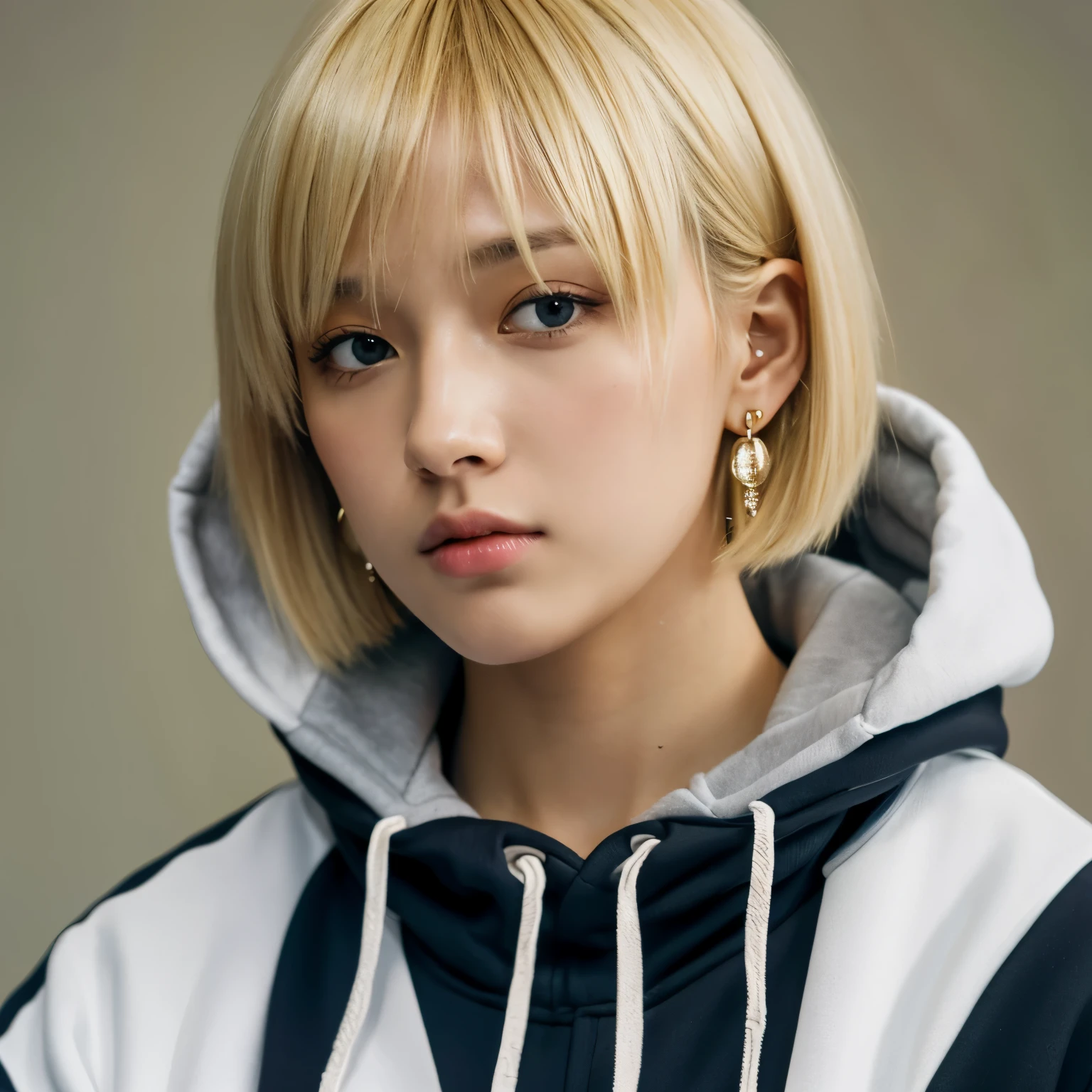 Short hair, blonde, earrings, hoodie, expressionless