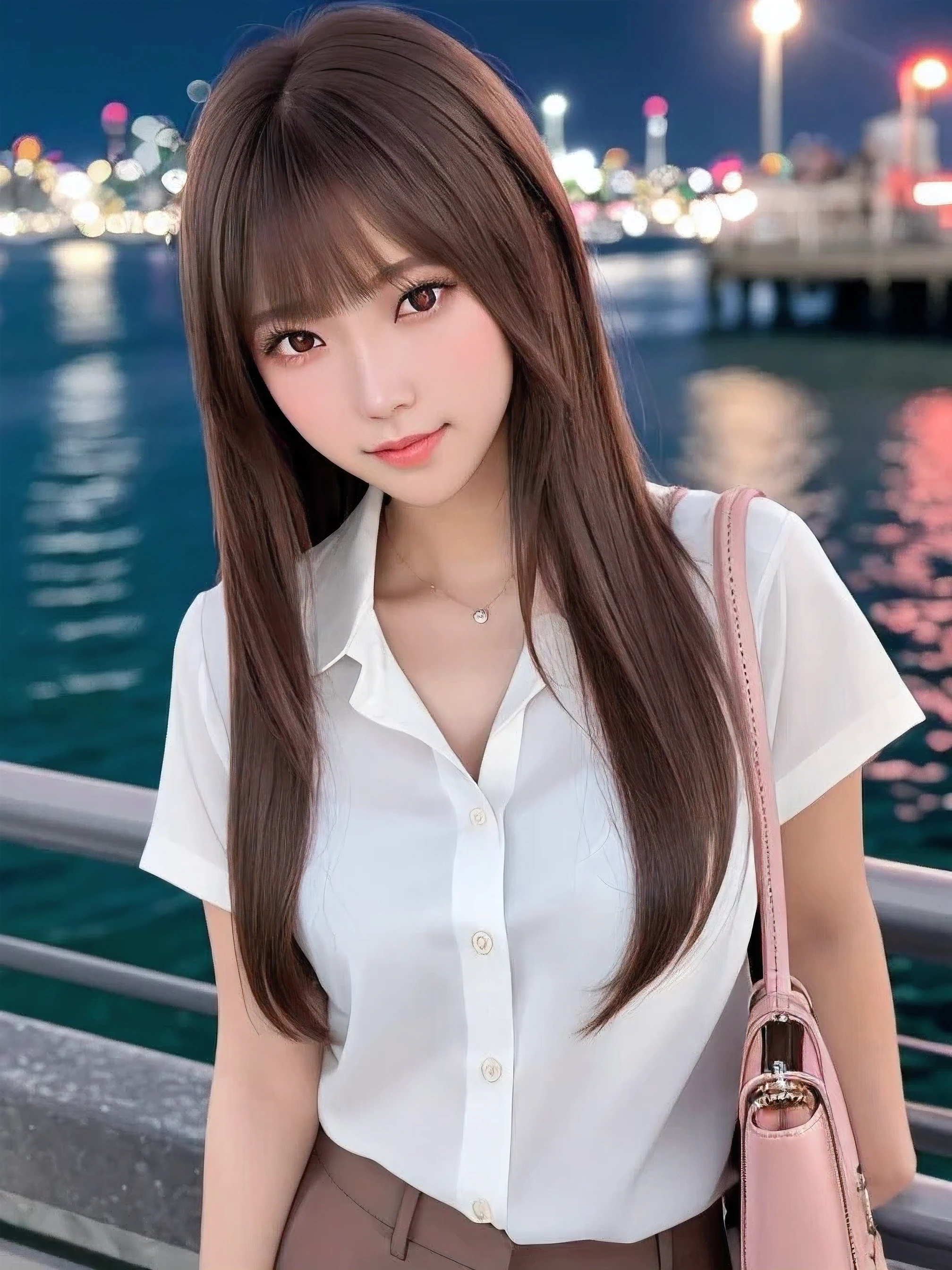 product quality, 1 girl per 1 photo, upper body shot, front view, a Japanese young pretty girl, long bob hair, wearing a marriage ring, night time, wearing a short sleeves collared pink blouse, wearing light brown pants, standing at a crowded wharf with a big smile, staring at the night view over the sea, a shoulder bag, hyper cute face, glossy lips, double eyelids for both eyes, natural makeup, shiny smooth light brown hair of long bob hair, asymmetrical bangs, tanned skin, central image, 8K resolution, high detail, detailed hairstyle, detailed face, cinematic lighting, octane rendering, hyper realistic, perfect limbs, perfect anatomy